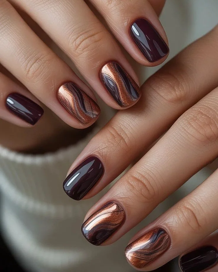 fall dark nail shadow ideas 2026 Deep Burgundy And Copper Chrome Swirls