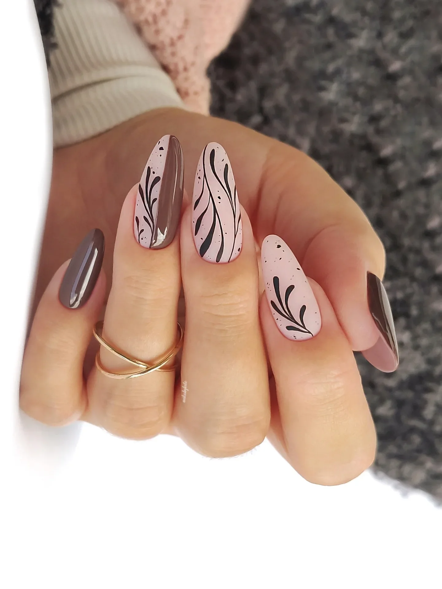 fall long nails 2026 Blush Taupe Almond Nails With Botanical Branches