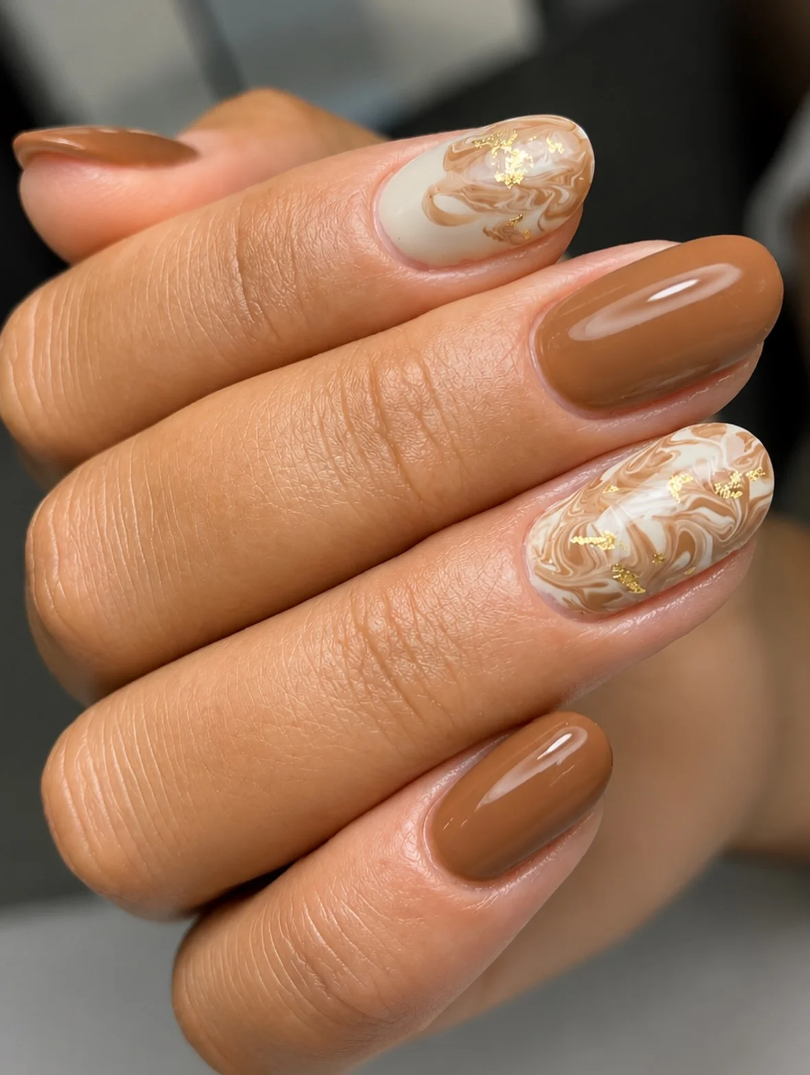 fall manicure ideas 2026 Warm Latte Marble With Soft Gold Accents