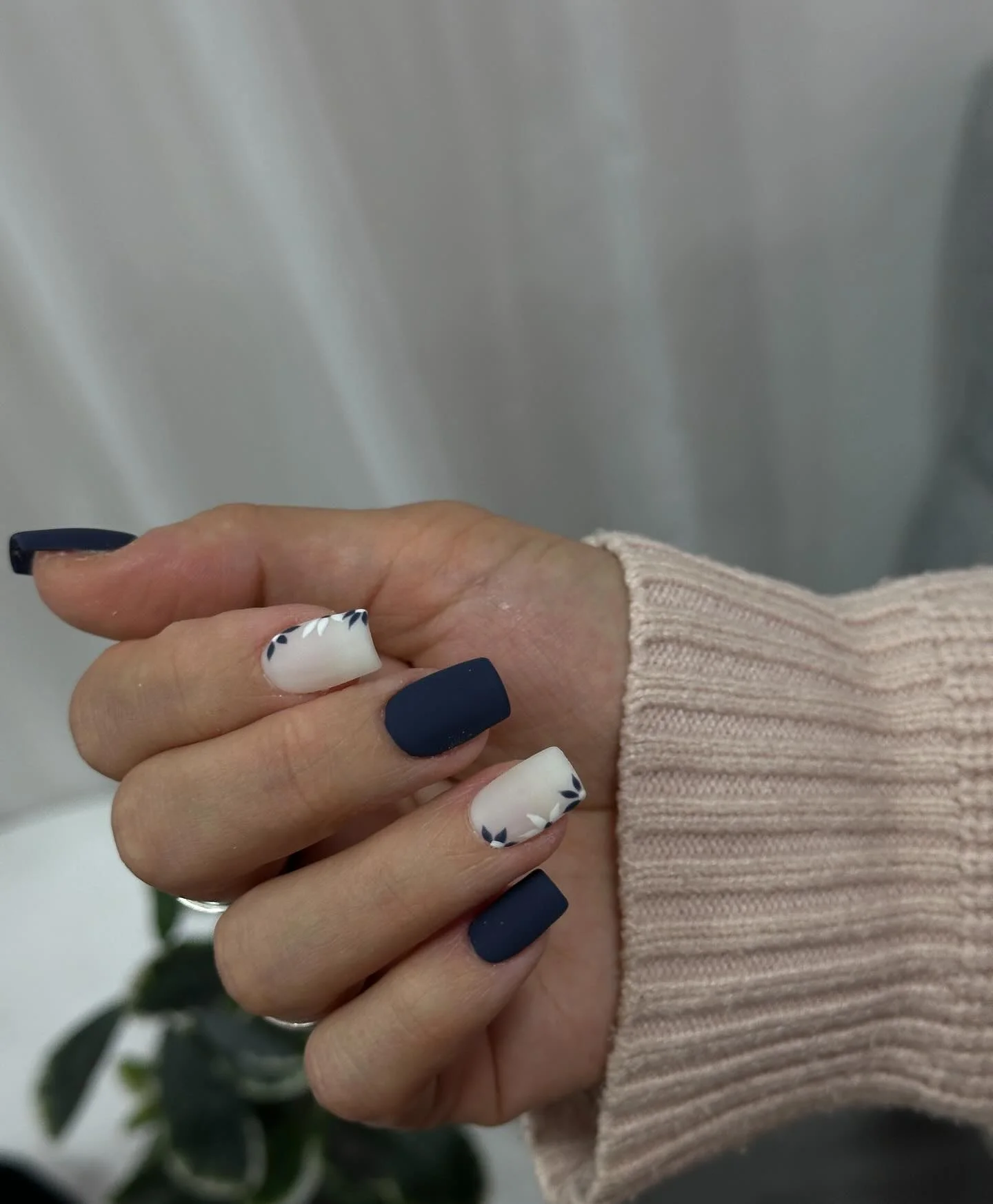 fall matte nails 2026 Midnight Navy And Soft White Botanical Accents