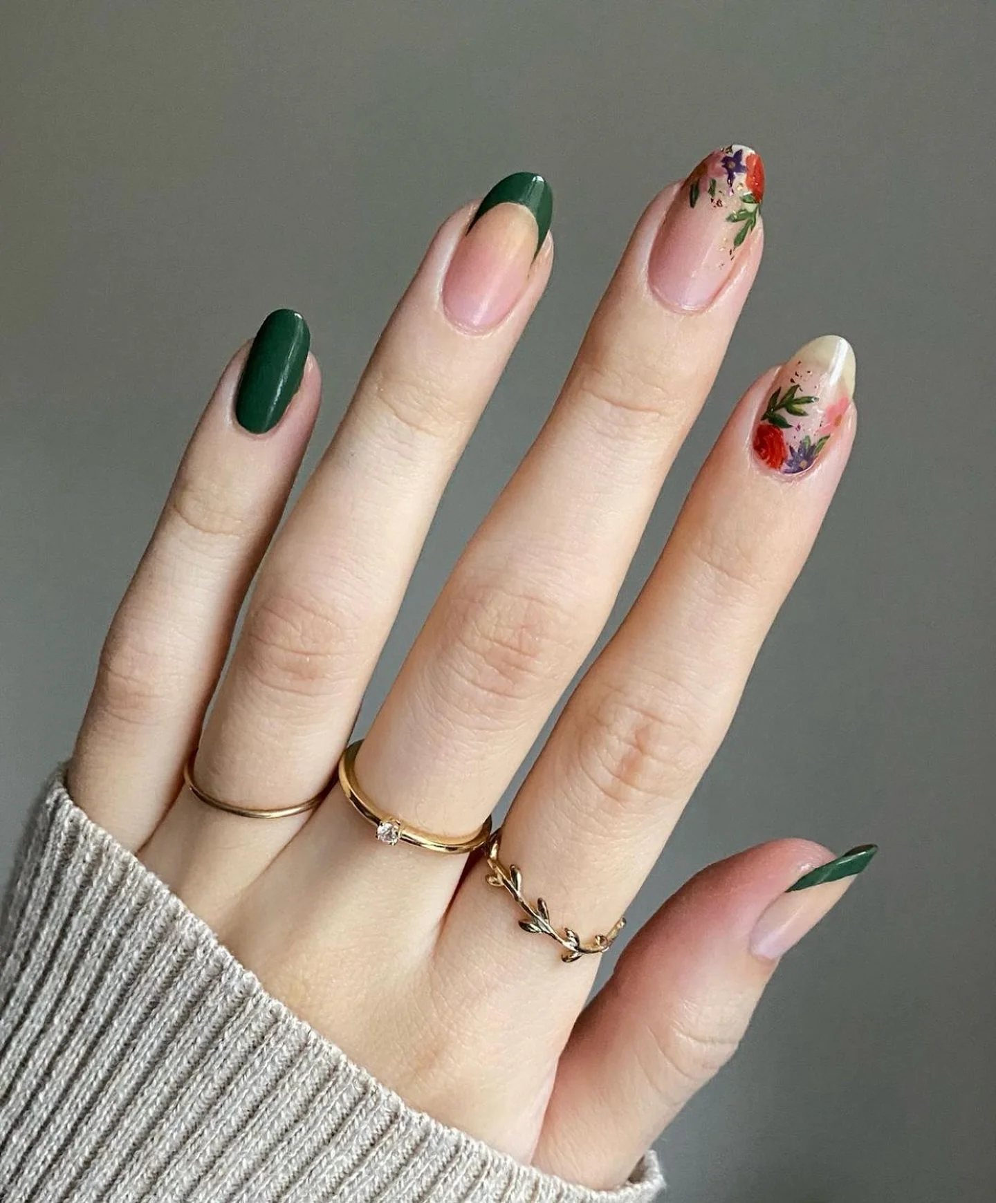 fall nails for pale skin 2026 Soft Green French Tips With Tiny Autumn Florals