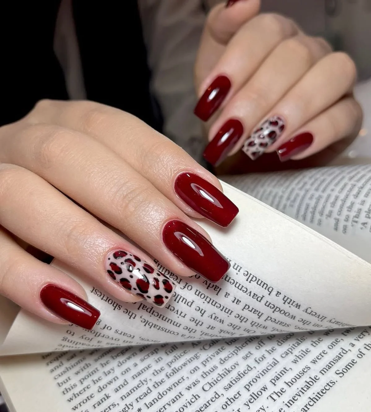 fall nails with accent nail Deep Red With A Playful Leopard Accent