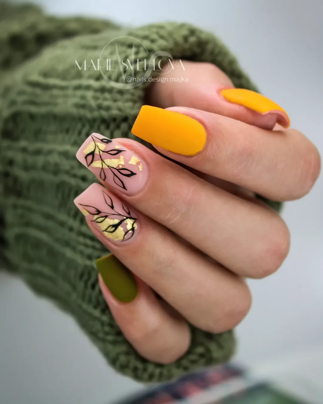 matte fall nails design 2026 Mustard Yellow Olive And Delicate Botanical Art