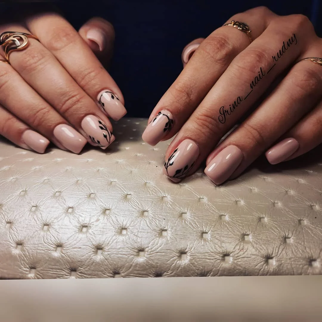 nude fall nails 2026 Soft Nude With Delicate Botanical Line Art