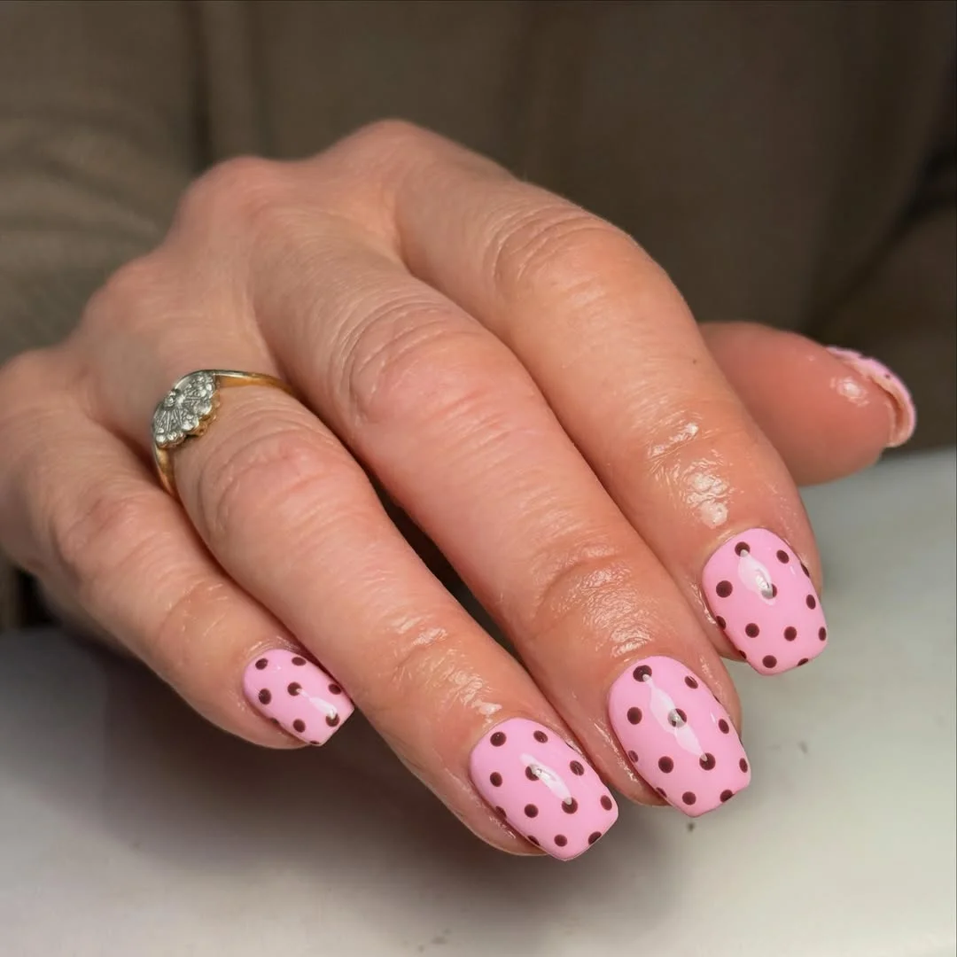 polka dot fall nails 2026 Soft Pink And Chocolate Dots For A Playful Fall Mood