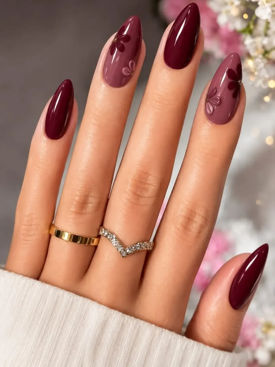 fall burgundy nails with design Almond Burgundy With Tonal Floral Art
