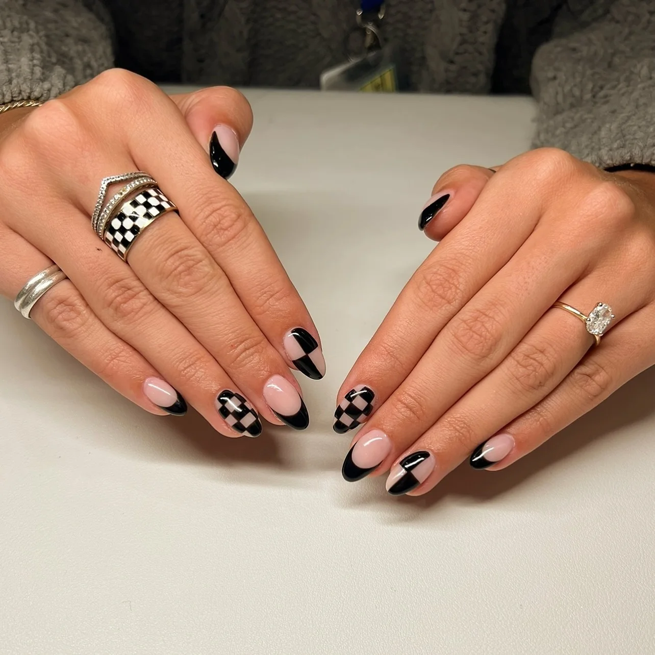 fall dark nail shadow ideas 2026 Black French And Checkerboard Contrast