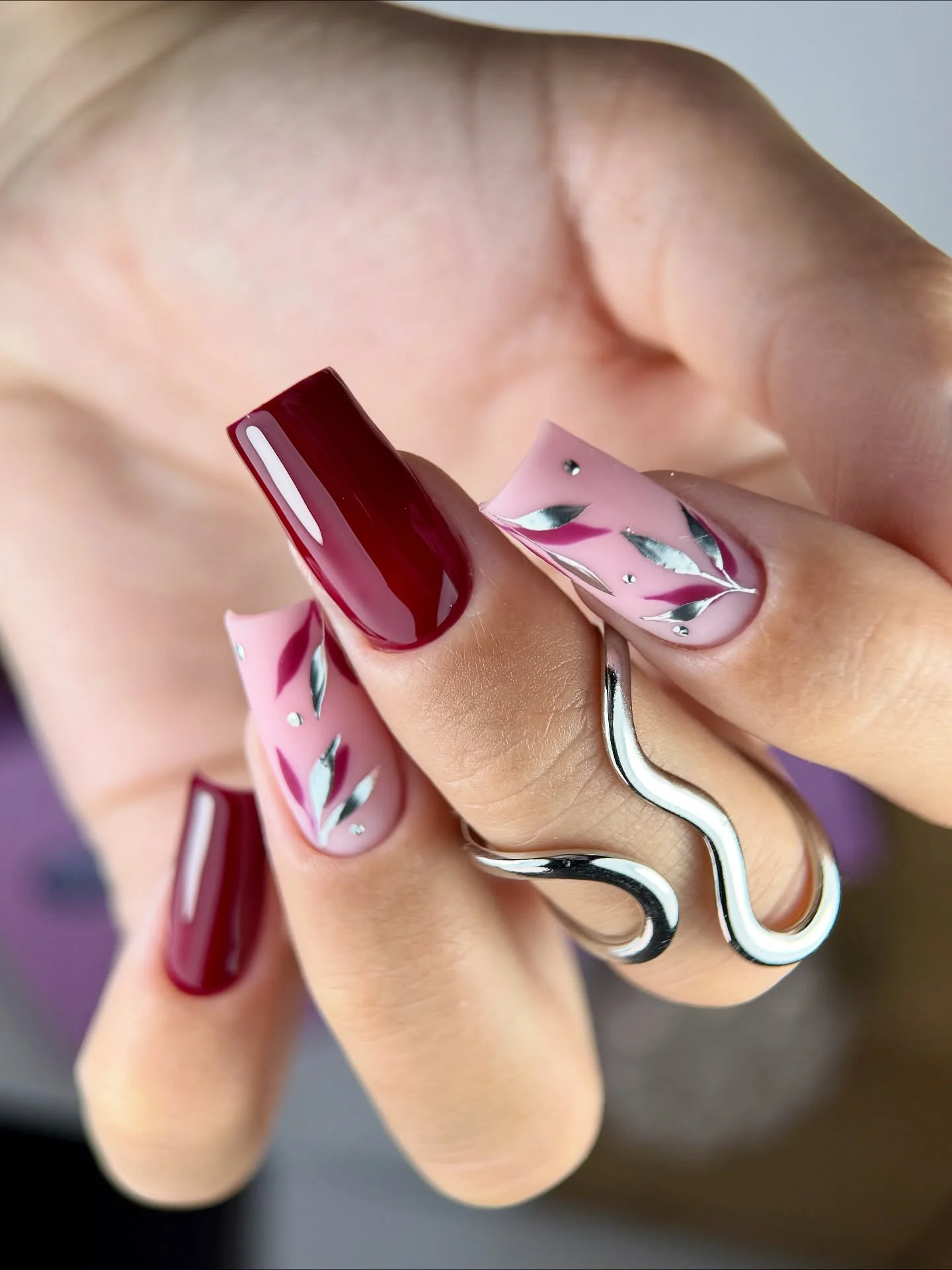fall long nails 2026 Glossy Burgundy Square Nails With Pink Botanical Art