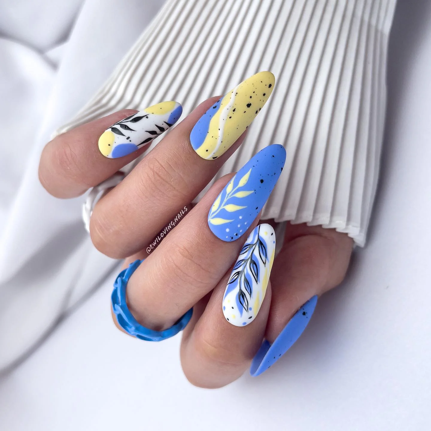 fall matte nails 2026 Blue And Butter Yellow Abstract Botanical Art
