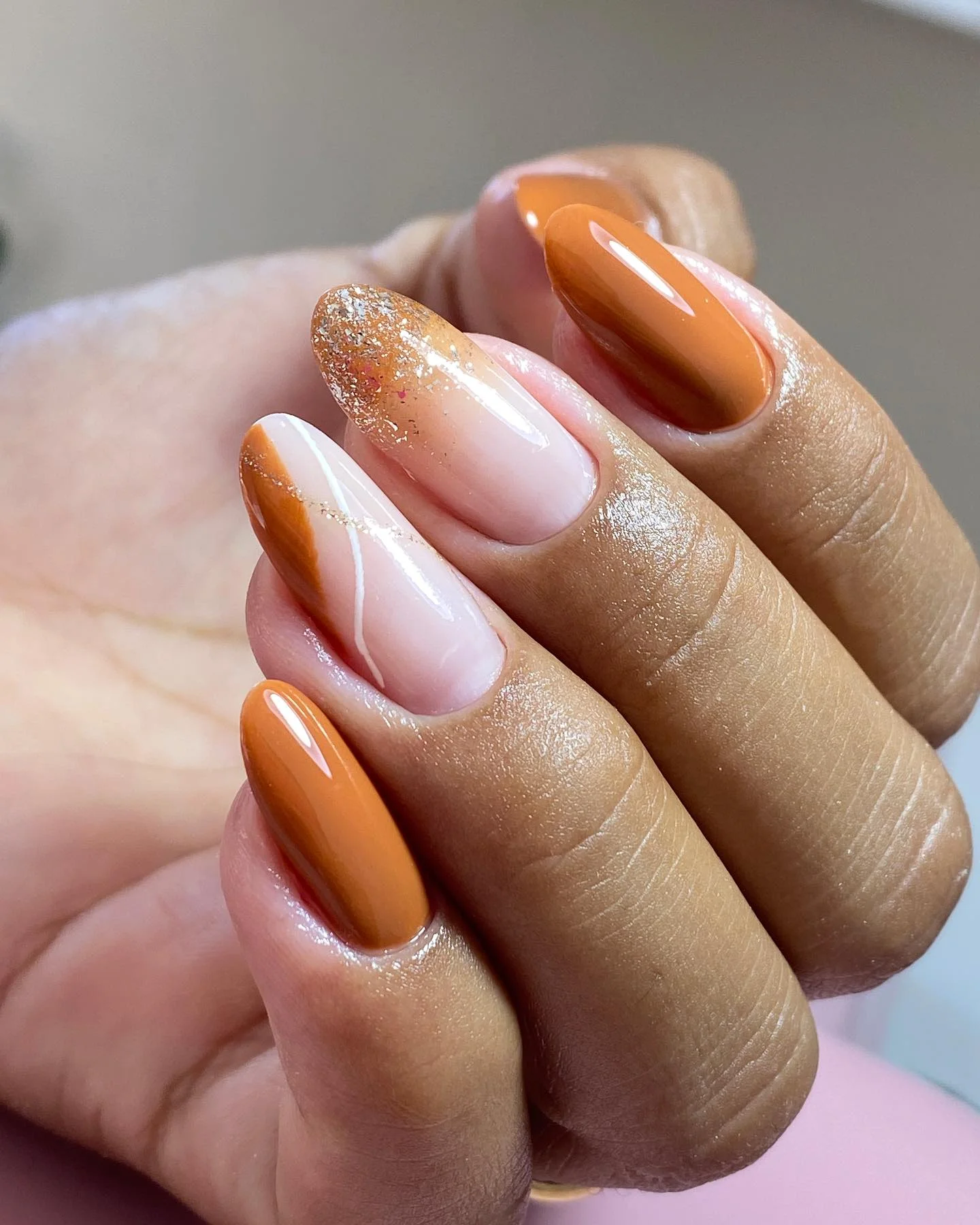 fall mid length nails 2026 Warm Caramel Gloss With Delicate Glitter Accents