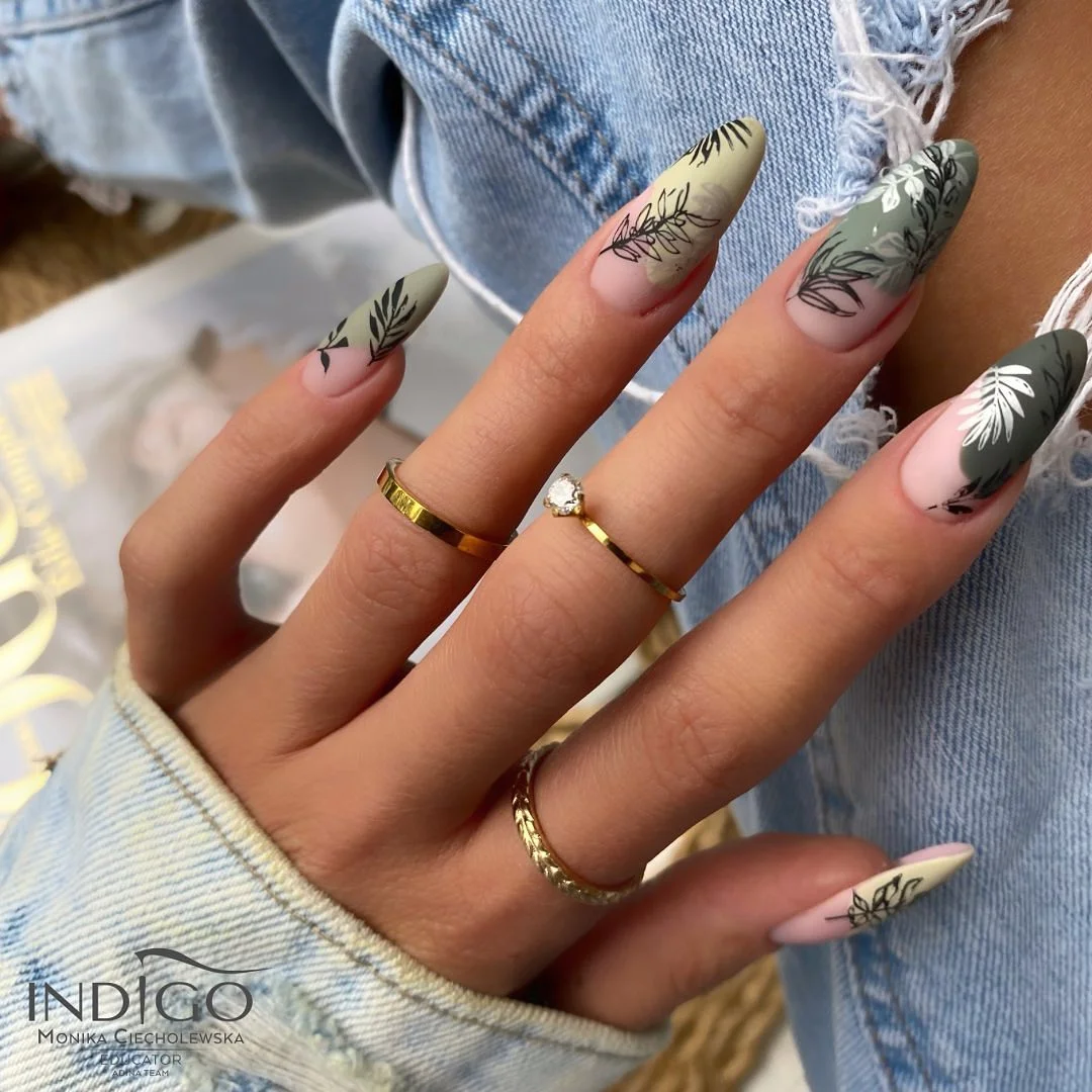 fall nails for olive skin tone 2026 Sage Botanical Almond Nails