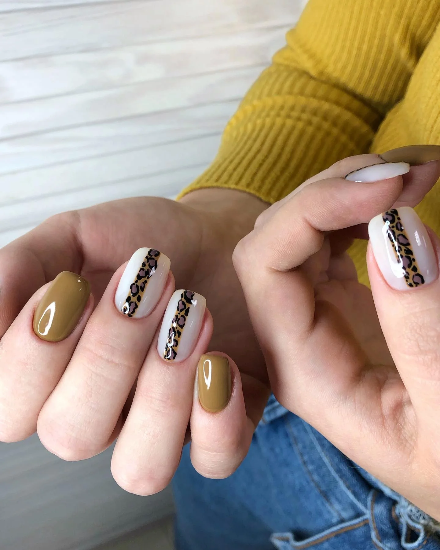 fall nails with autumn designs Mustard Olive Leopard Accent Nails