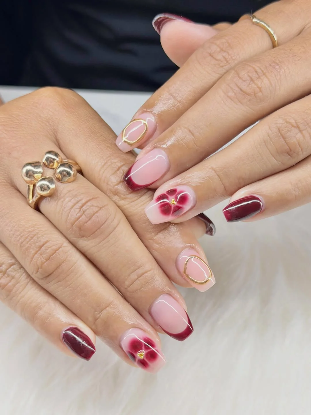 fall short coffin nails designs 2026 Berry Red And Floral Details For A Rich Fall Mood