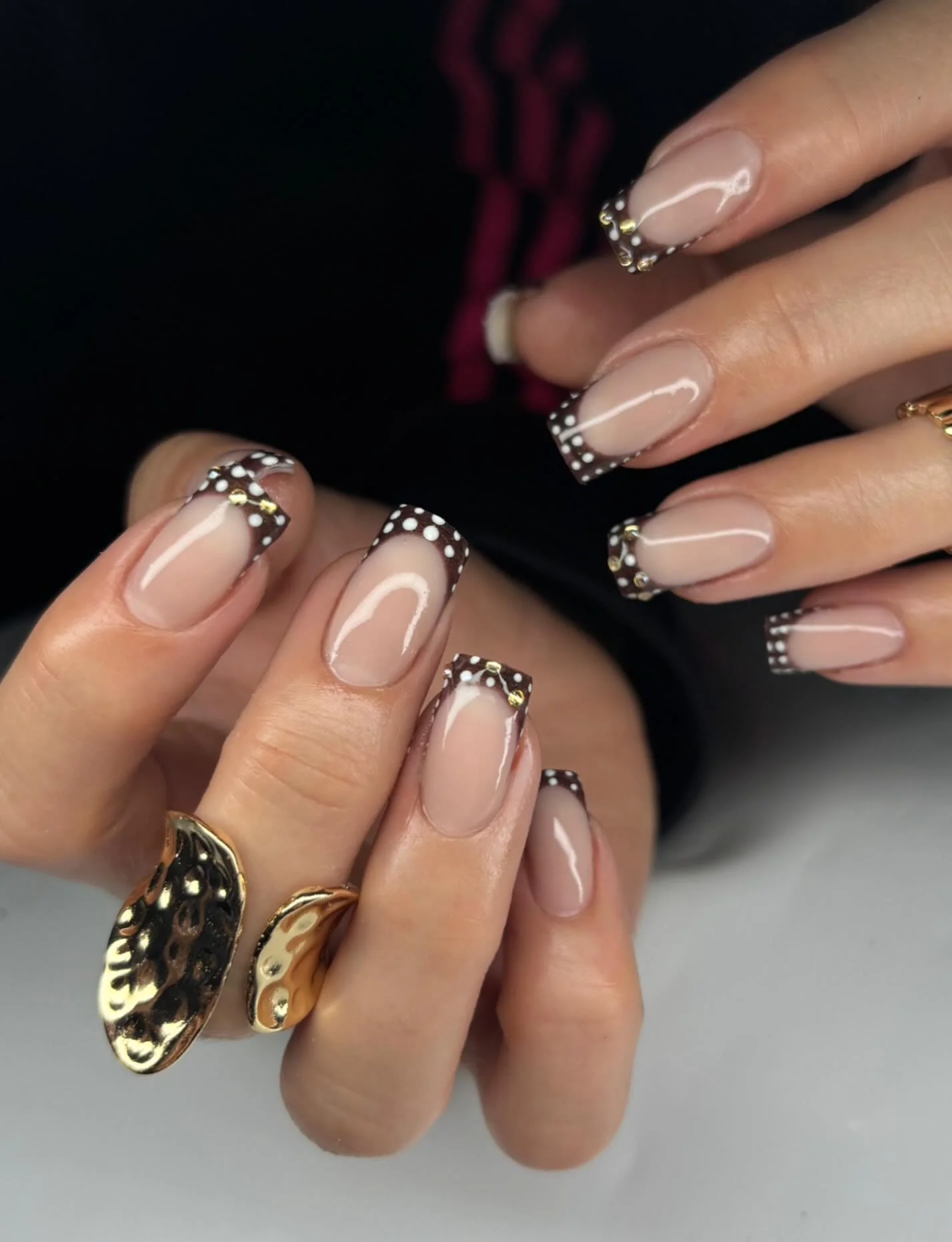 nude fall nails 2026 Chocolate Polka Dot French With Gold Details