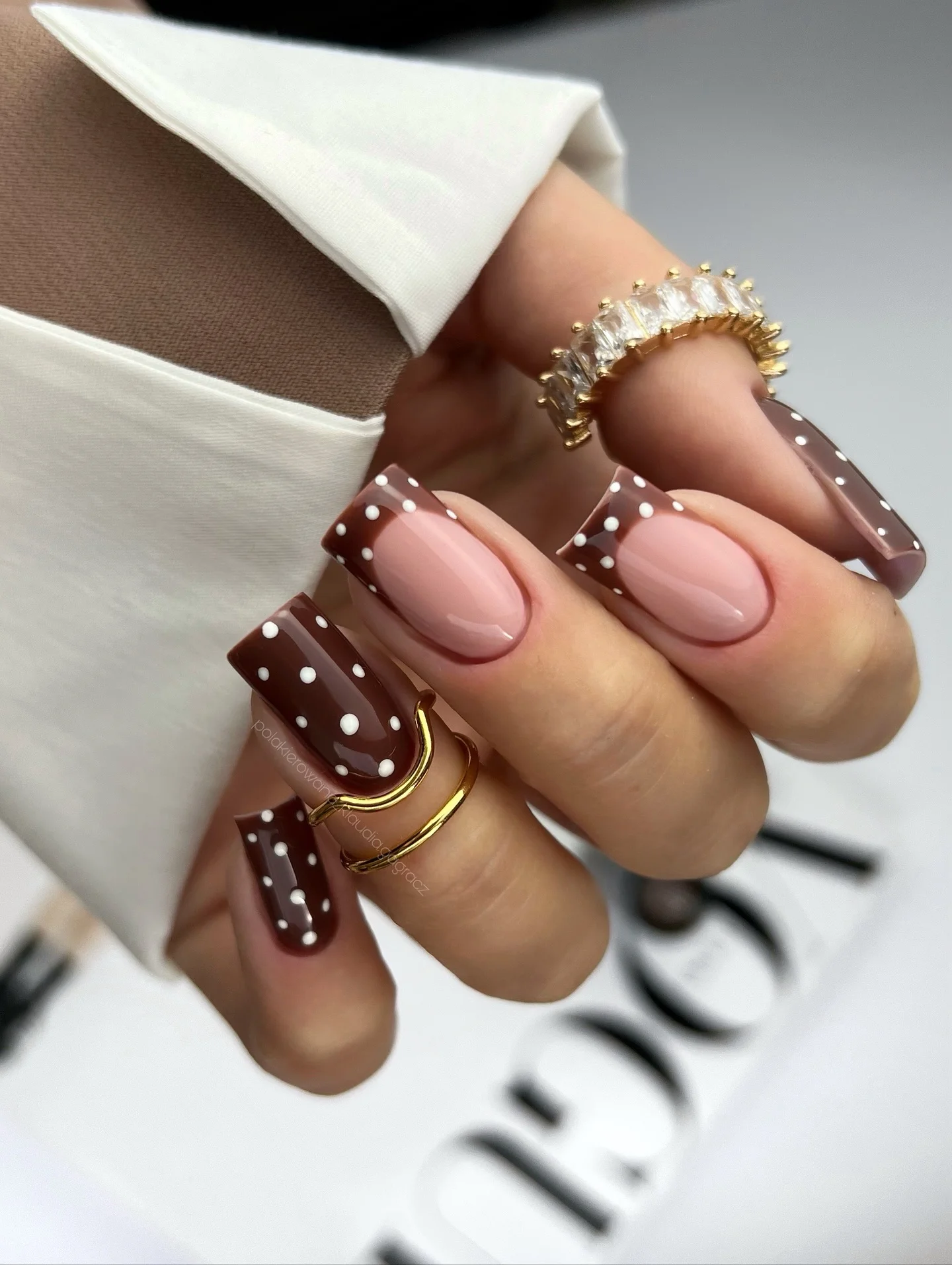 polka dot fall nails 2026 Chocolate French Tips With Delicate White Dots