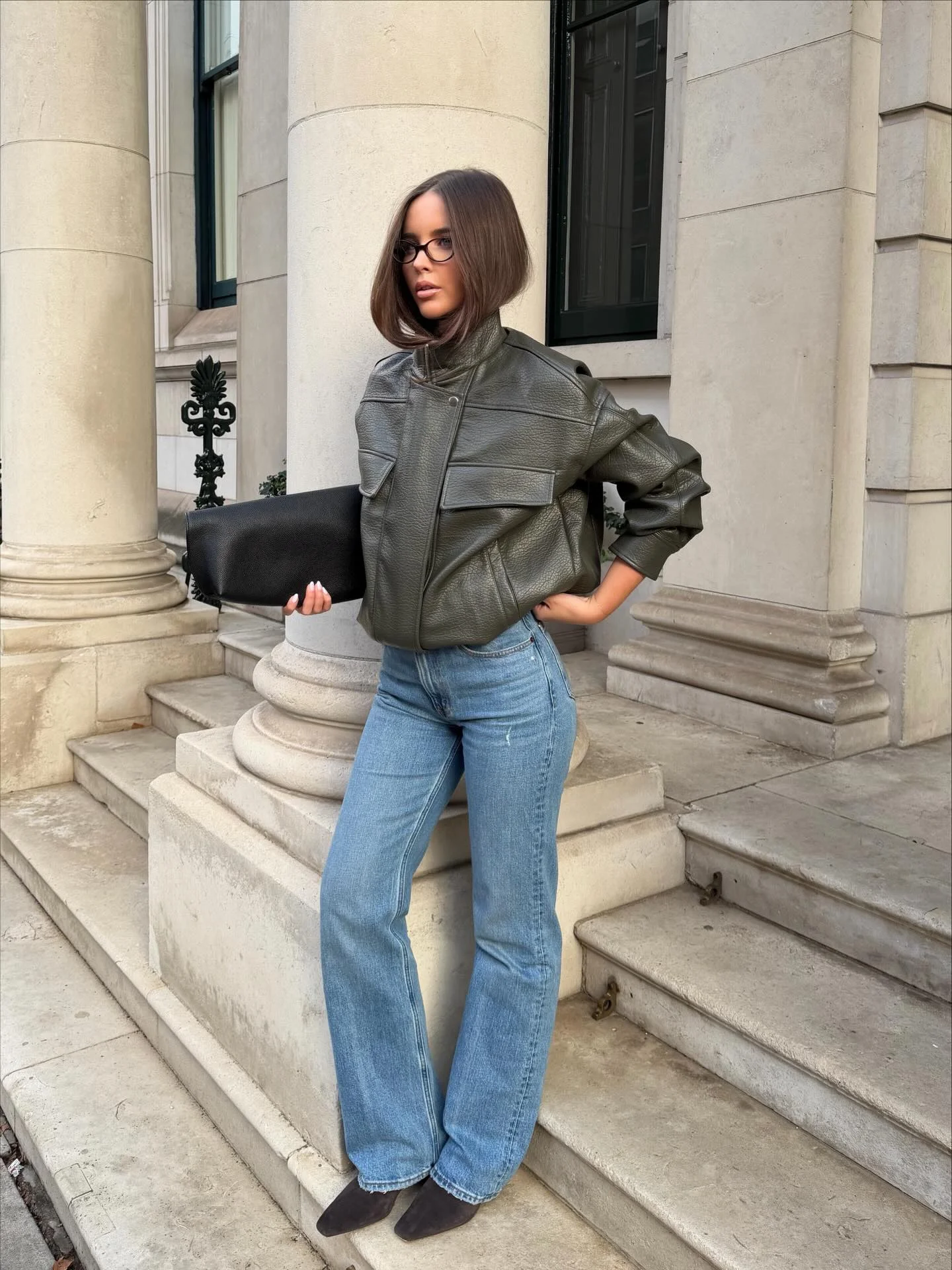 september outfit ideas 2026 Olive Leather Jacket With Classic Blue Jeans