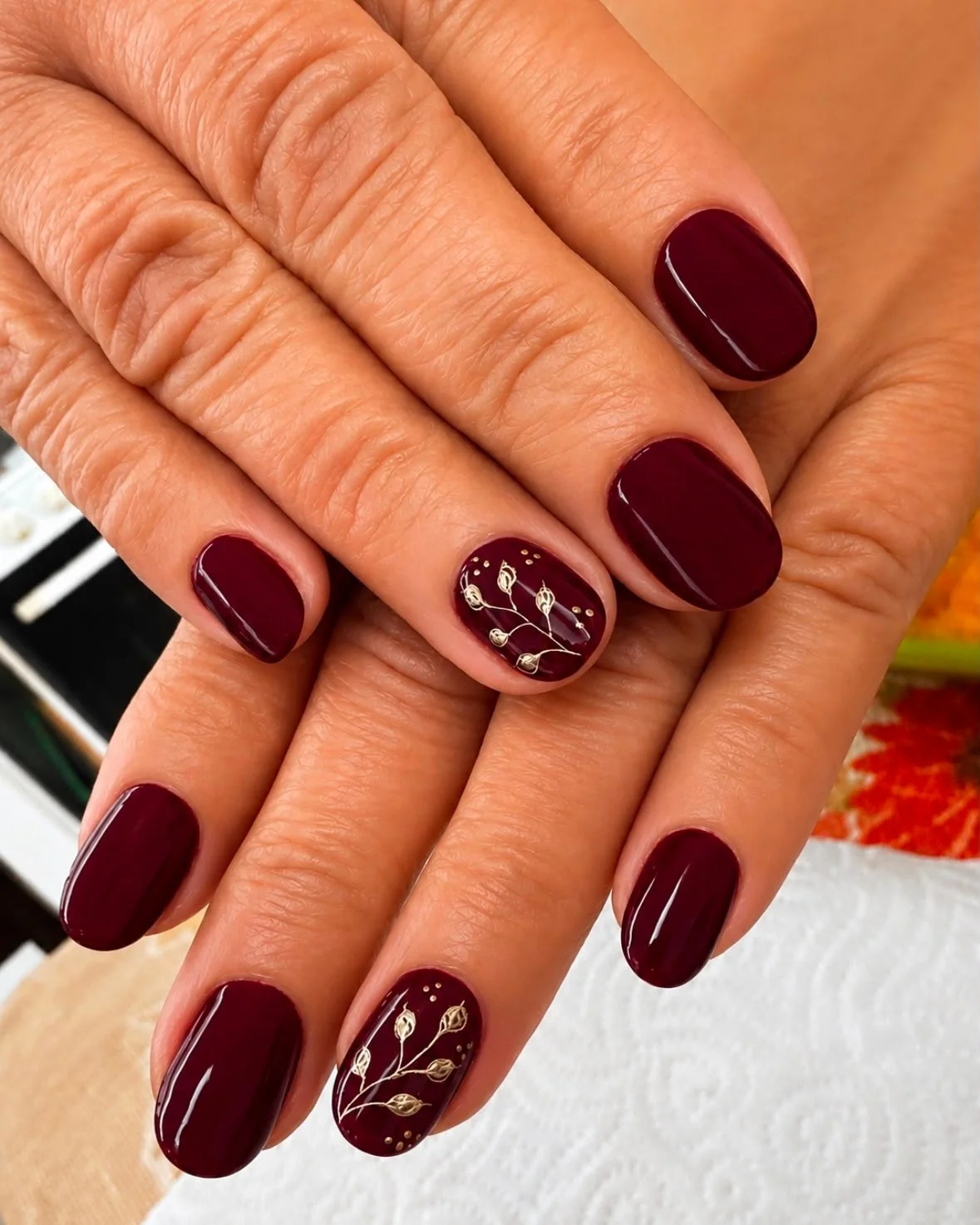 fall burgundy nails with design Short Burgundy With Fine Golden Botanical Art