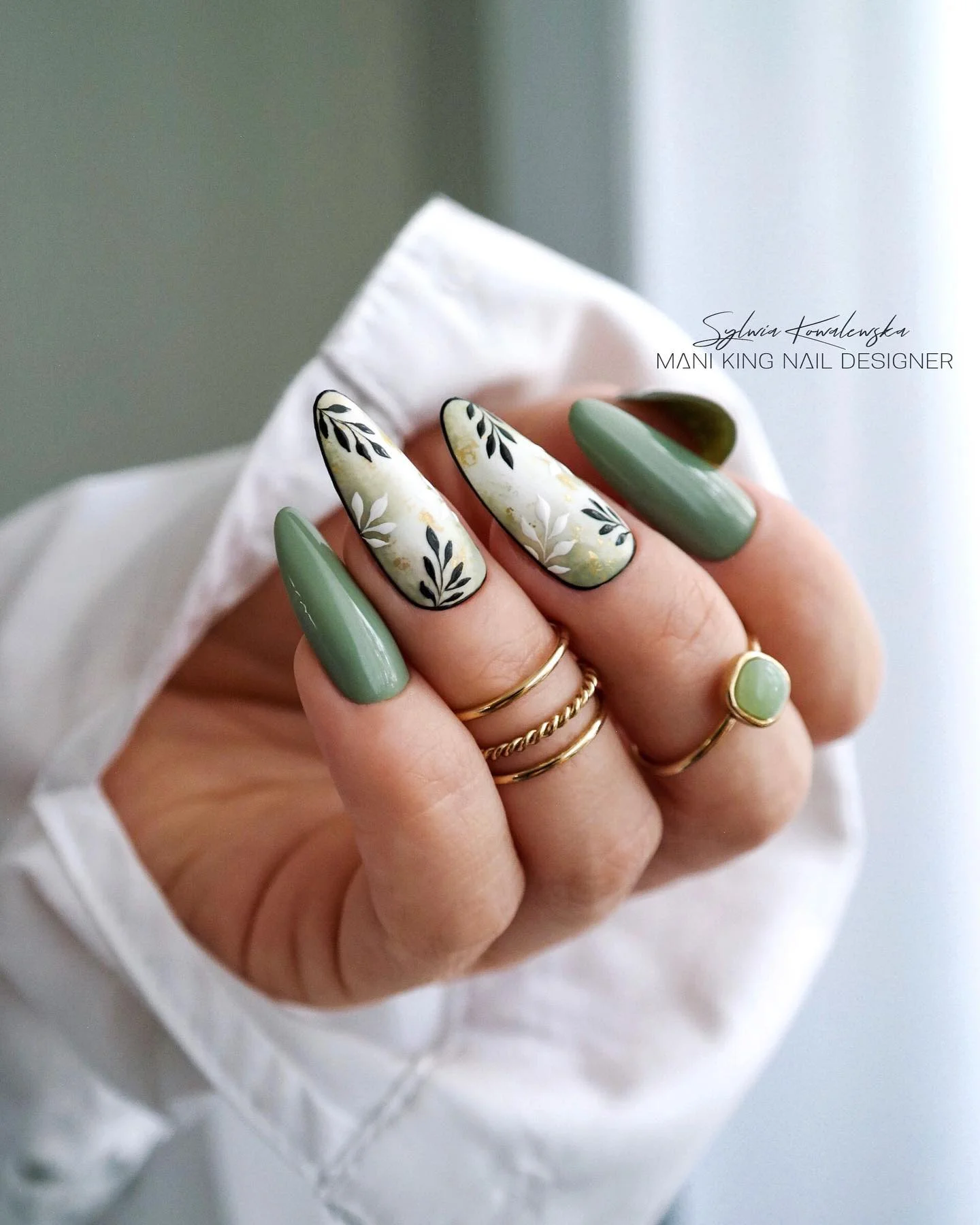 fall long nails 2026 Muted Olive Almond Nails With Vintage Botanical Details