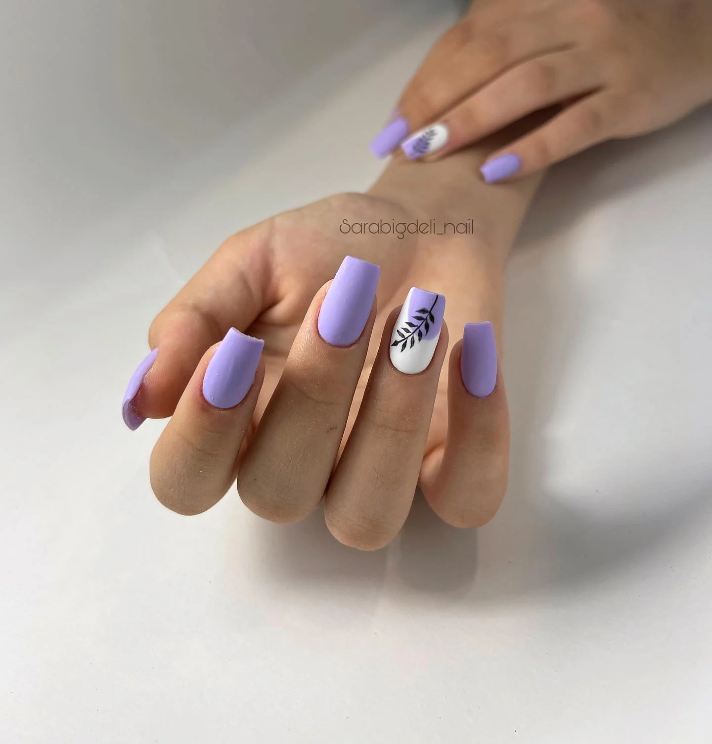 fall matte nails 2026 Soft Lavender With Minimal Black Botanical Detail