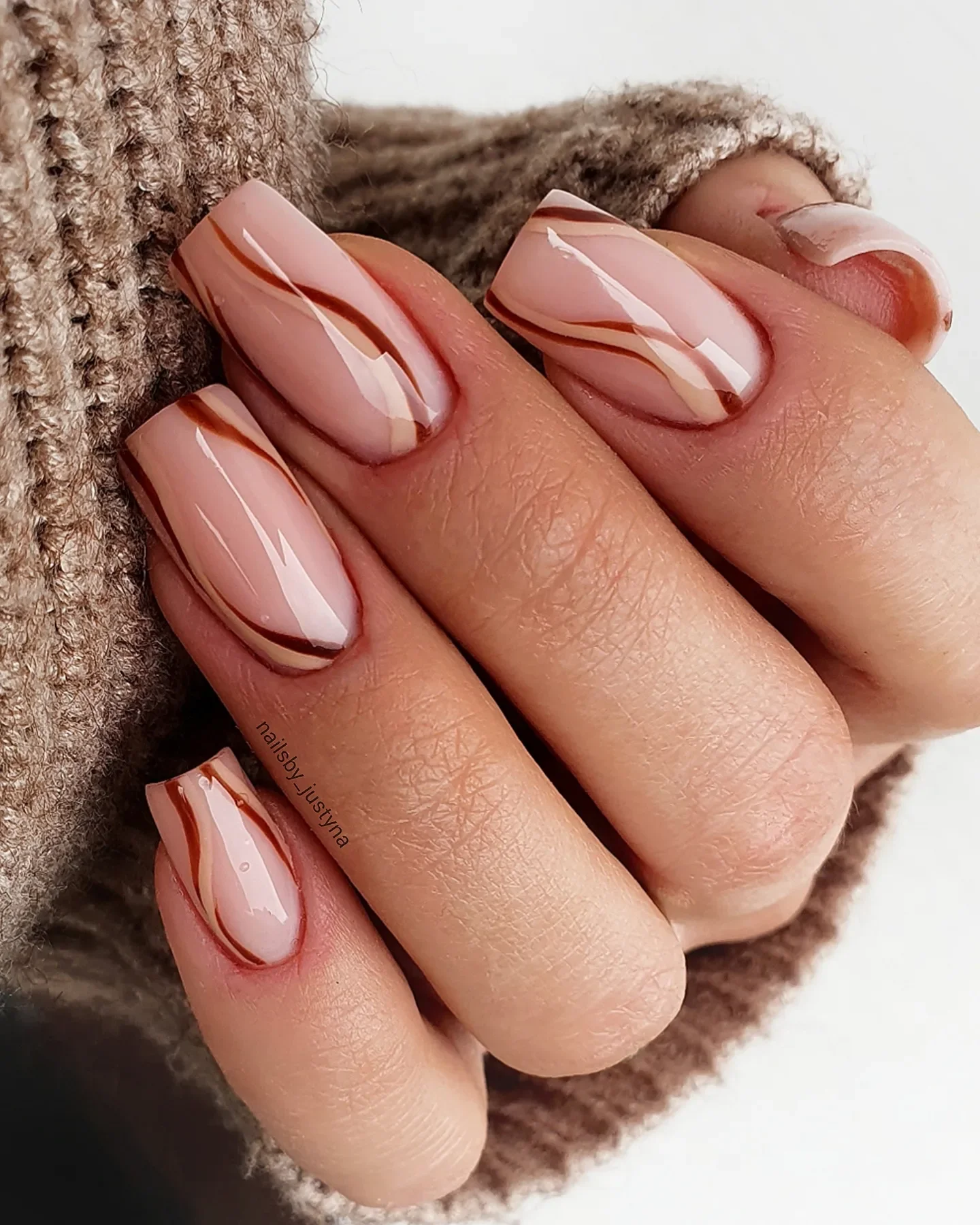 fall medium length nails 2026 Soft Nude Waves In Cinnamon Brown