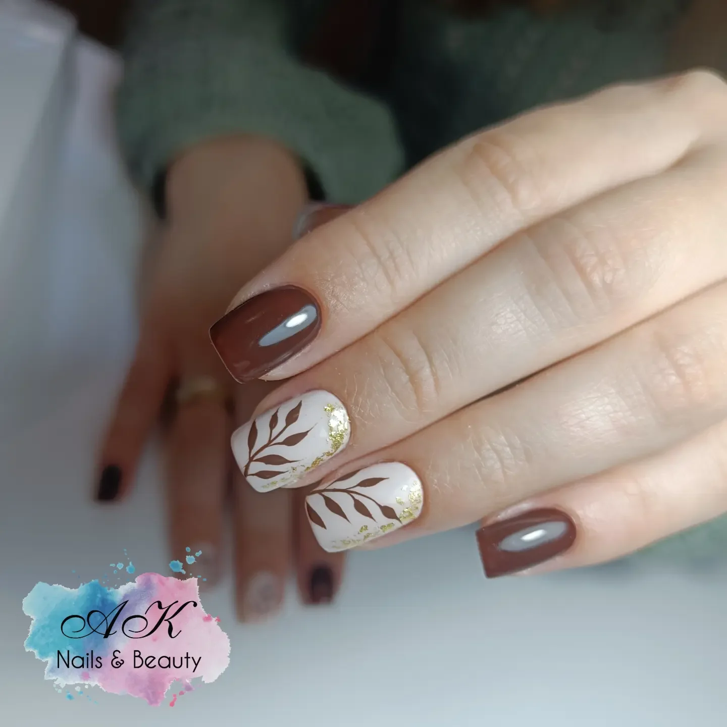 fall mid length nails 2026 Classic Brown Leaves With Creamy Autumn Contrast
