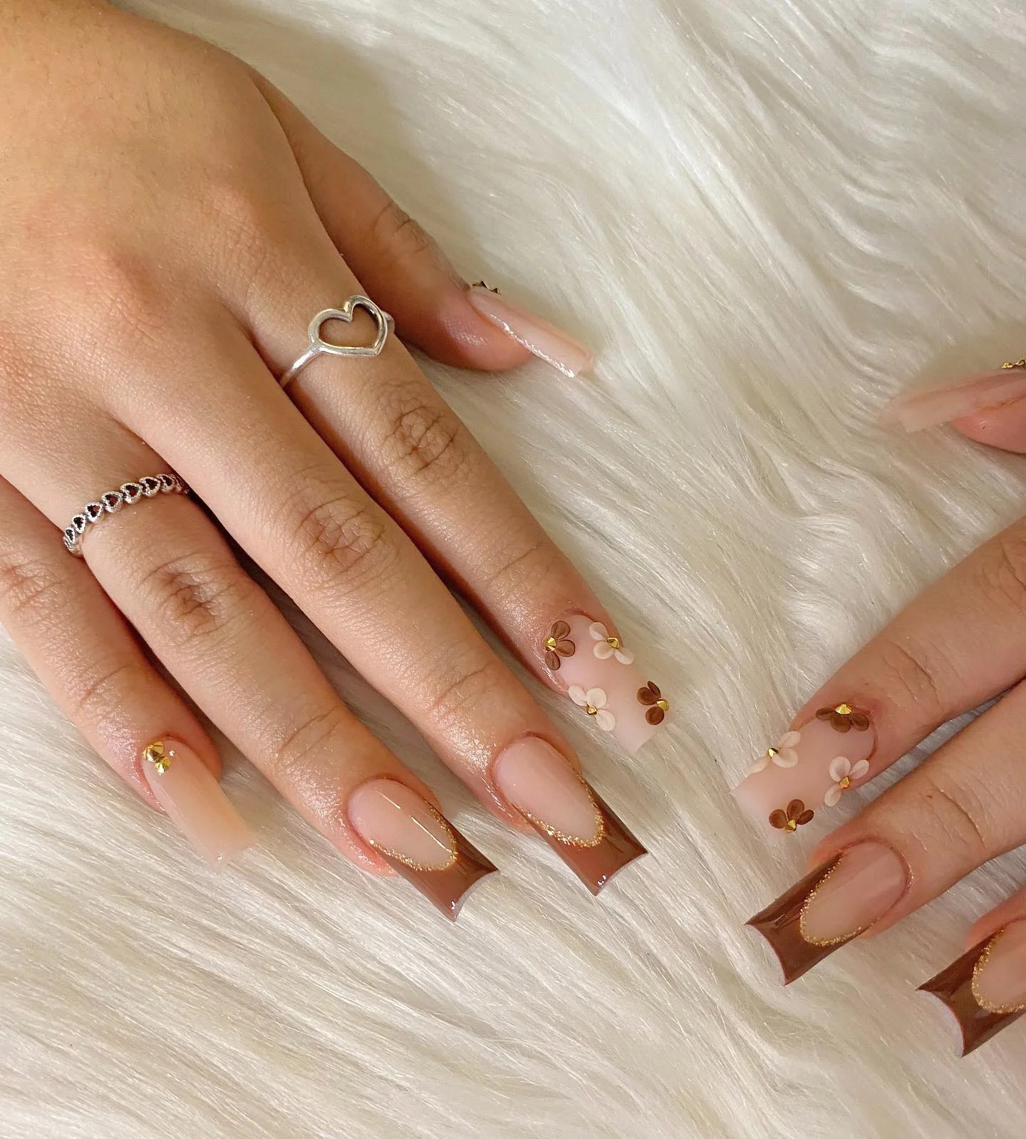 fall nail inspiration 2026 Soft Brown French Tips With Delicate Floral Accents