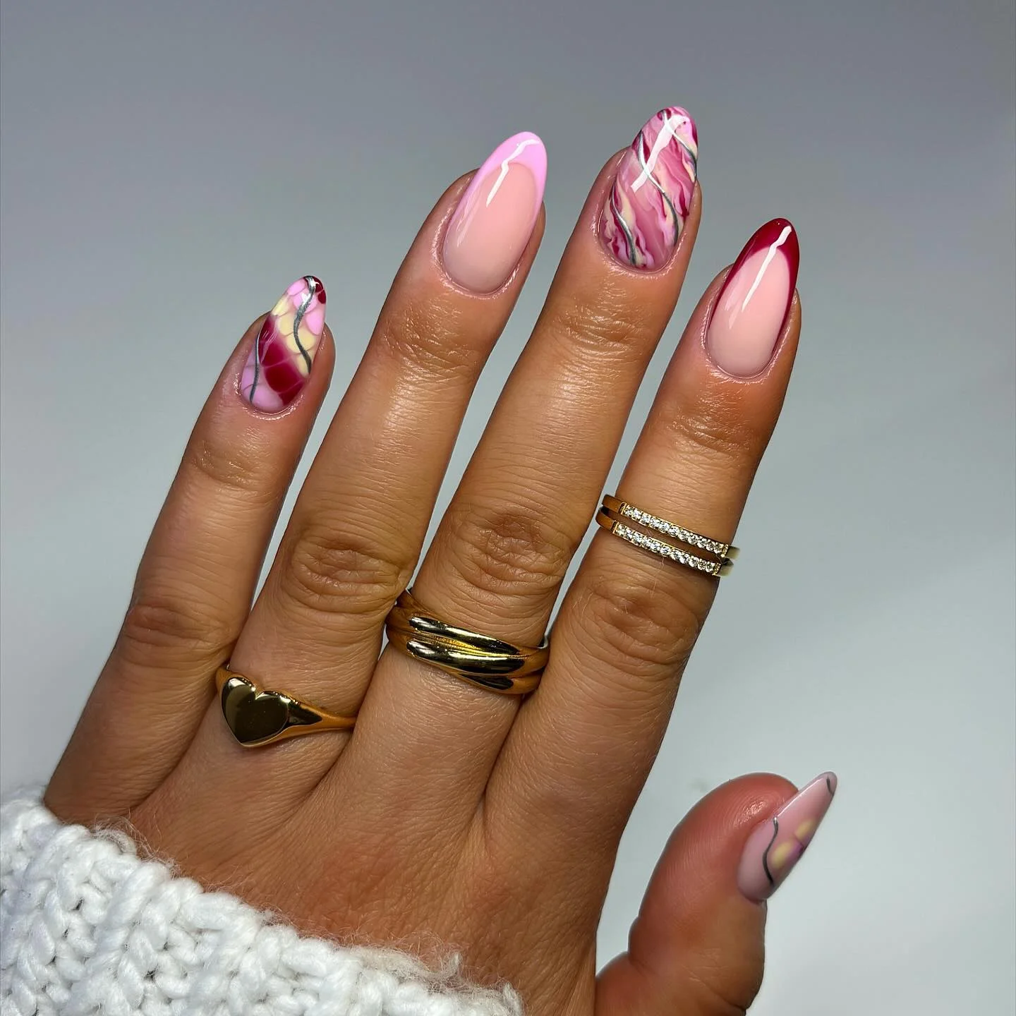 fall nails for brown skin tone Pink Marble Almond Nails With Berry Swirls