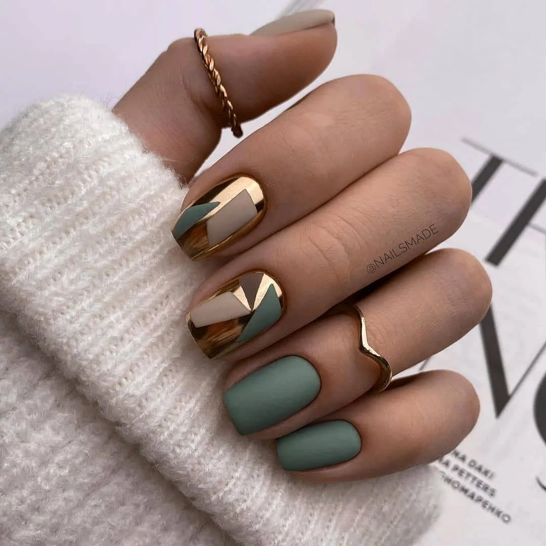 fall nails for olive skin tone 2026 Sage Green And Gold Geometric Minimalism
