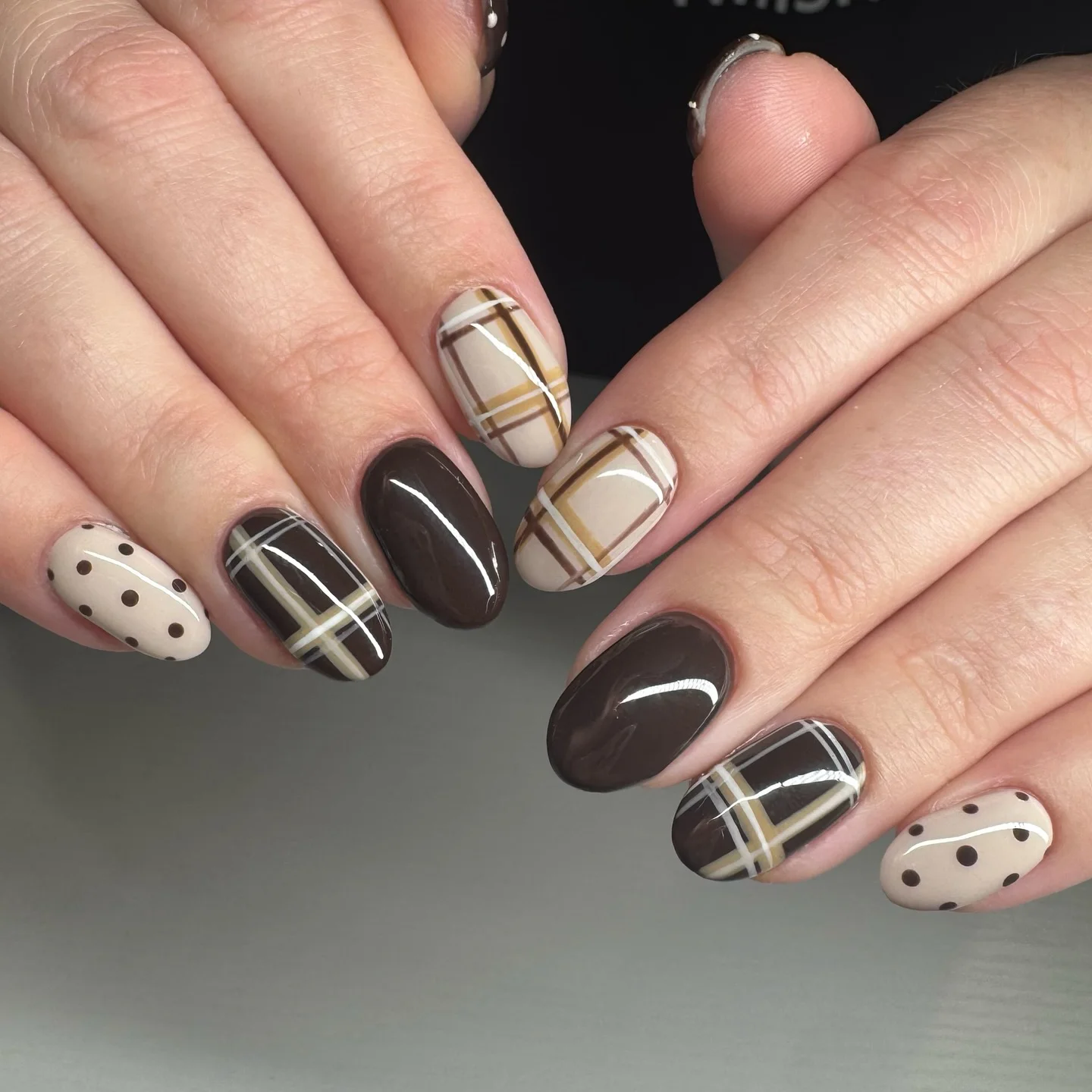 fall nails for pale skin 2026 Chocolate Plaid With Cream And Golden Autumn Lines
