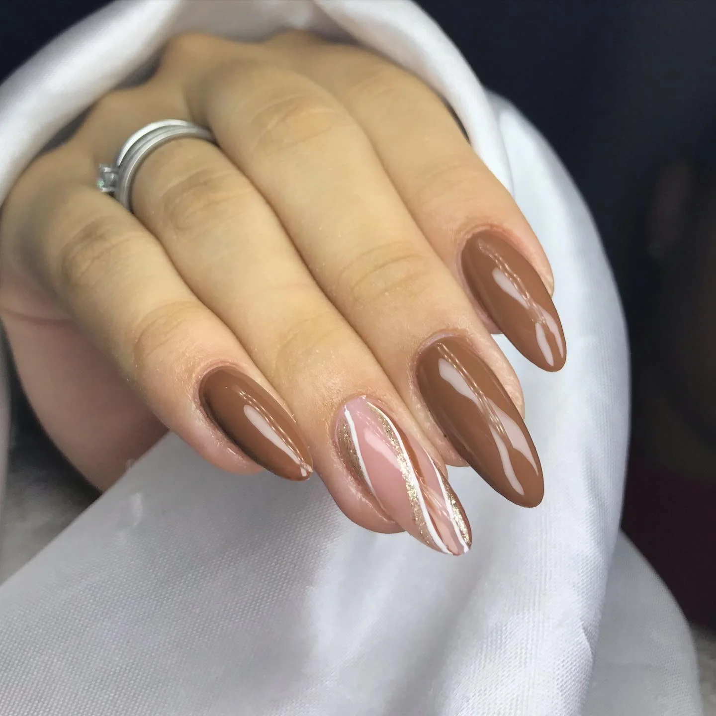fall nails with accent nail Chocolate Brown With Soft Nude And Gold Details