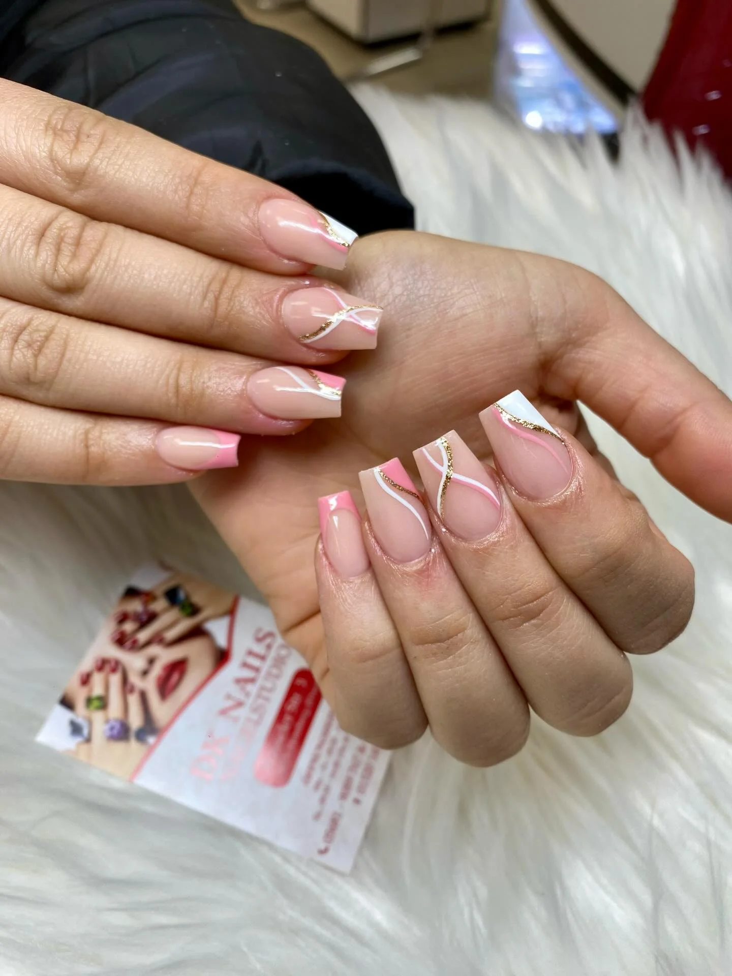 fall short coffin nails designs 2026 Pink And White Coffin Tips With Fine Metallic Curves
