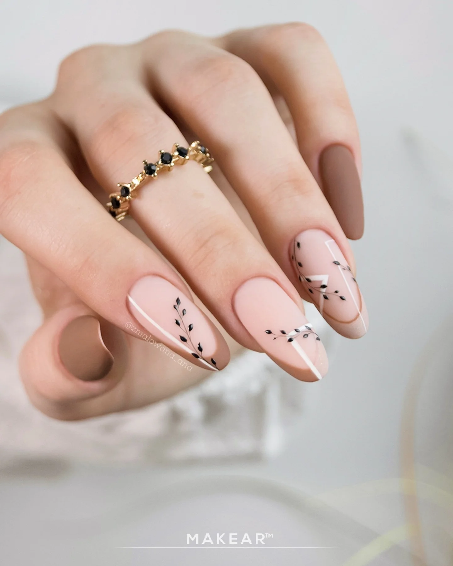 matte fall nails design 2026 Sheer Nude With Fine Black Botanical Lines