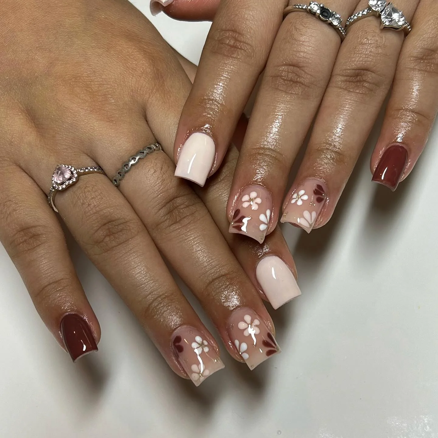 nude fall nails 2026 Chocolate Nude Florals With Creamy Accents