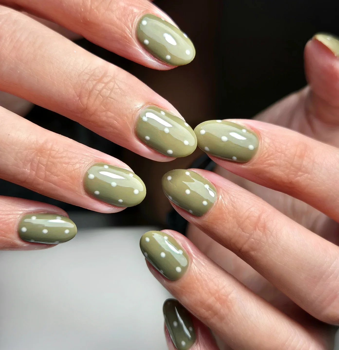 polka dot fall nails 2026 Muted Olive Green With Tiny White Polka Dots