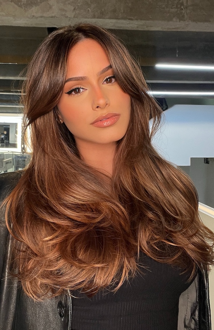 Solid Rich Cinnamon Brown With Soft Waves — Cinnamon Brown Hair
