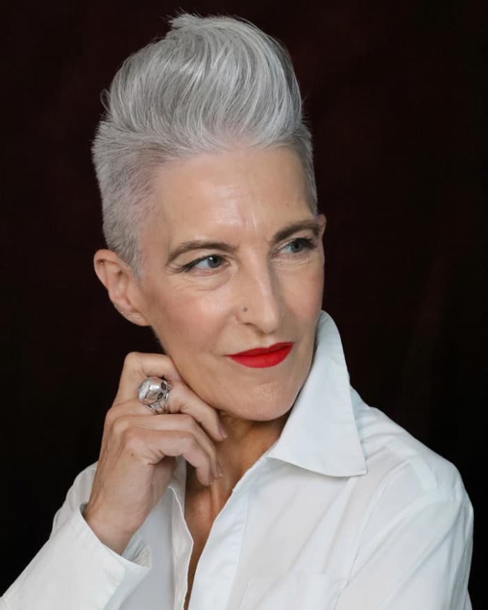 Voluminous Grey Pixie with Shaved Sides Voluminous Grey Pixie with Shaved Sides — very short women haircuts