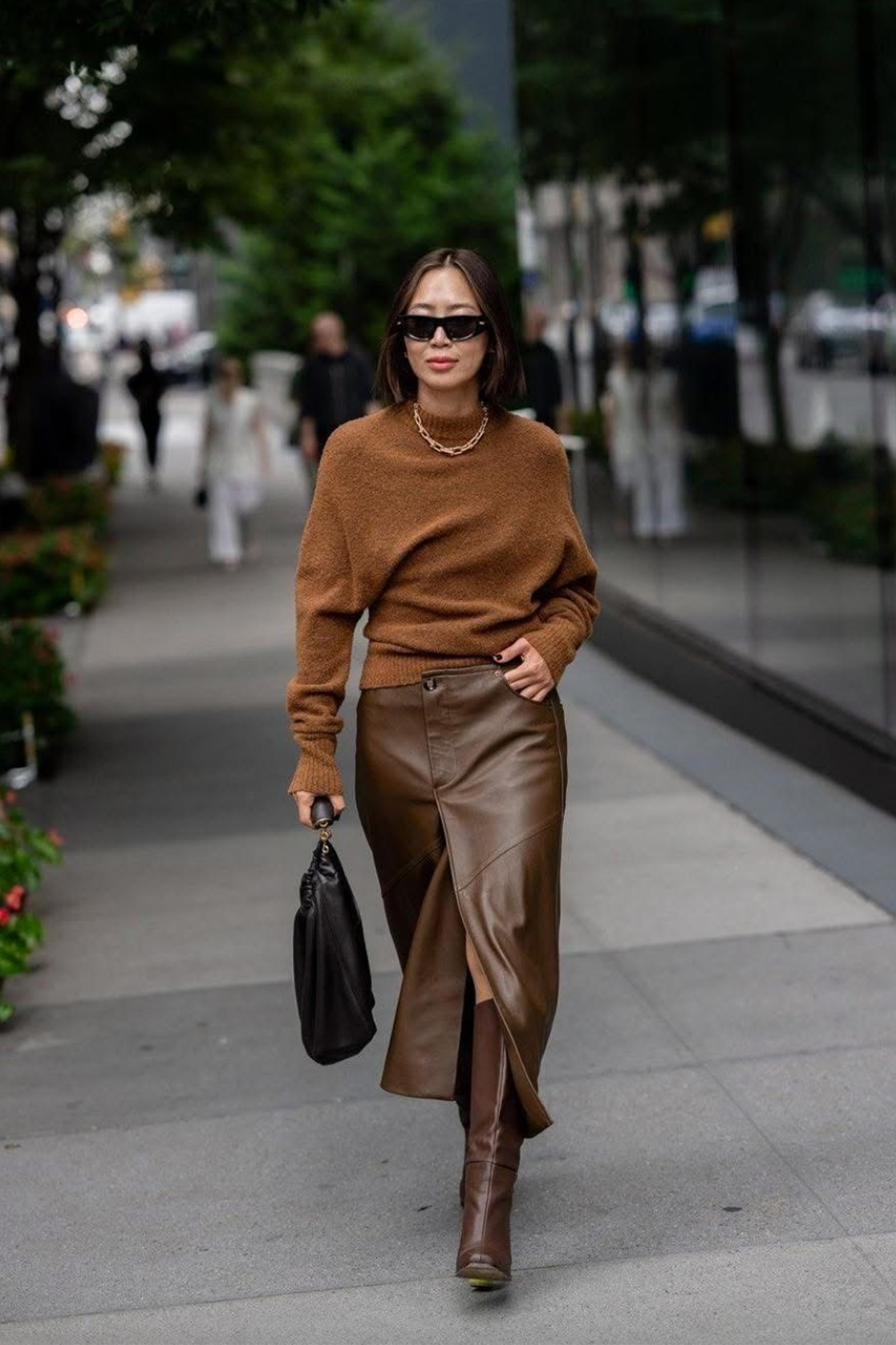 Brown Leather Wrap Midi Skirt with Cozy Knit Sweater Brown Leather Wrap Midi Skirt with Cozy Knit Sweater — Leather Skirt Outfits