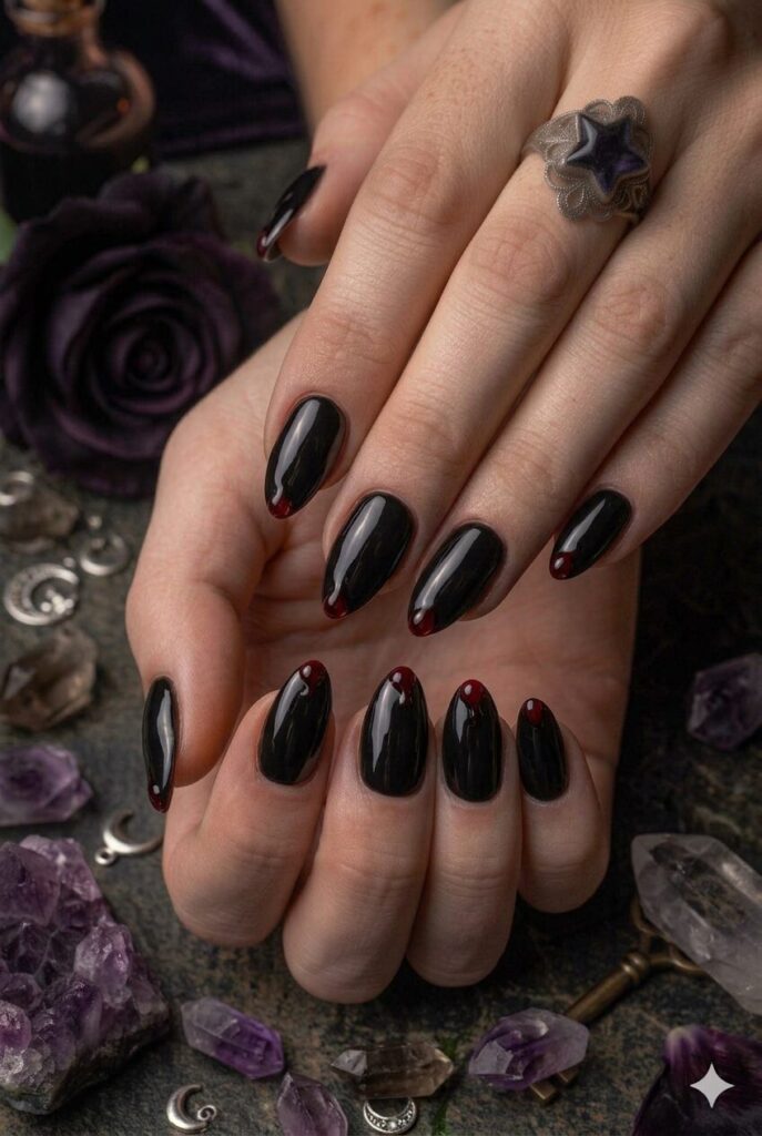 Black Stiletto with Red Crescent Tips Black Stiletto with Red Crescent Tips — Black Cherry Nails