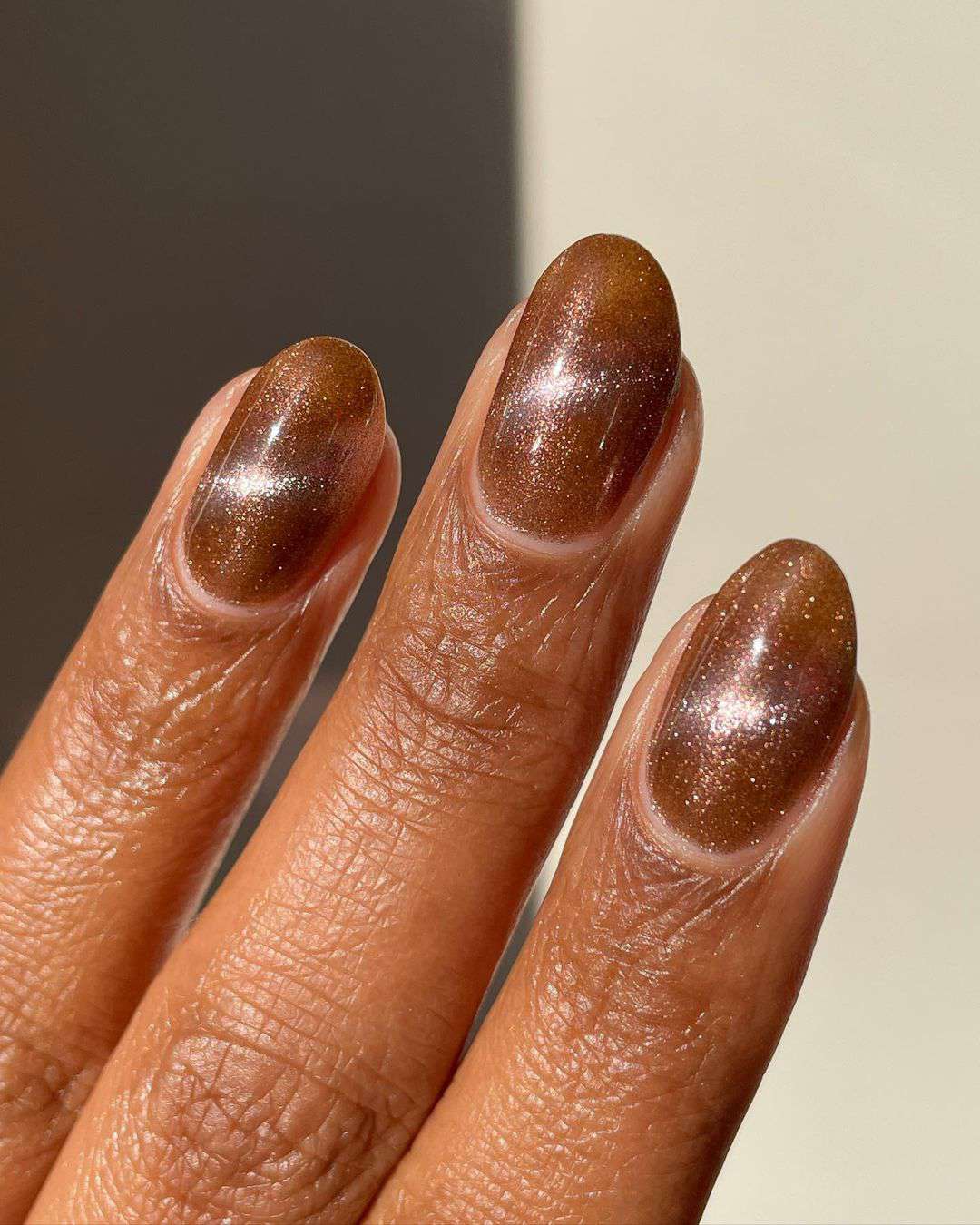 Shimmery Brown Glitter Oval Nails Shimmery Brown Glitter Oval Nails — Winter Nail Colors for Dark Skin