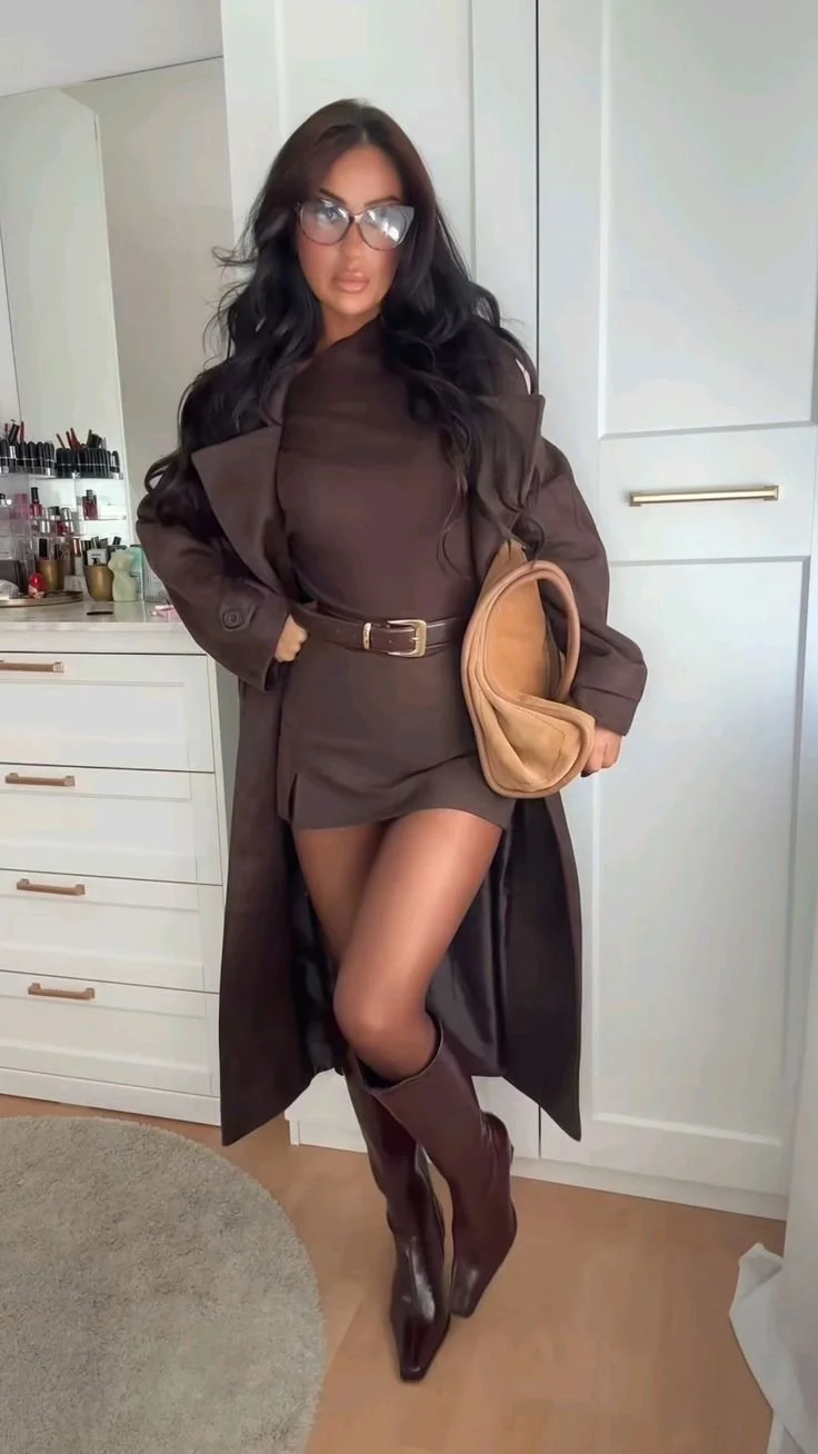 Monochromatic Chocolate Brown Mini Dress and Coat Set Monochromatic Chocolate Brown Mini Dress and Coat Set — Chocolate Brown Outfits