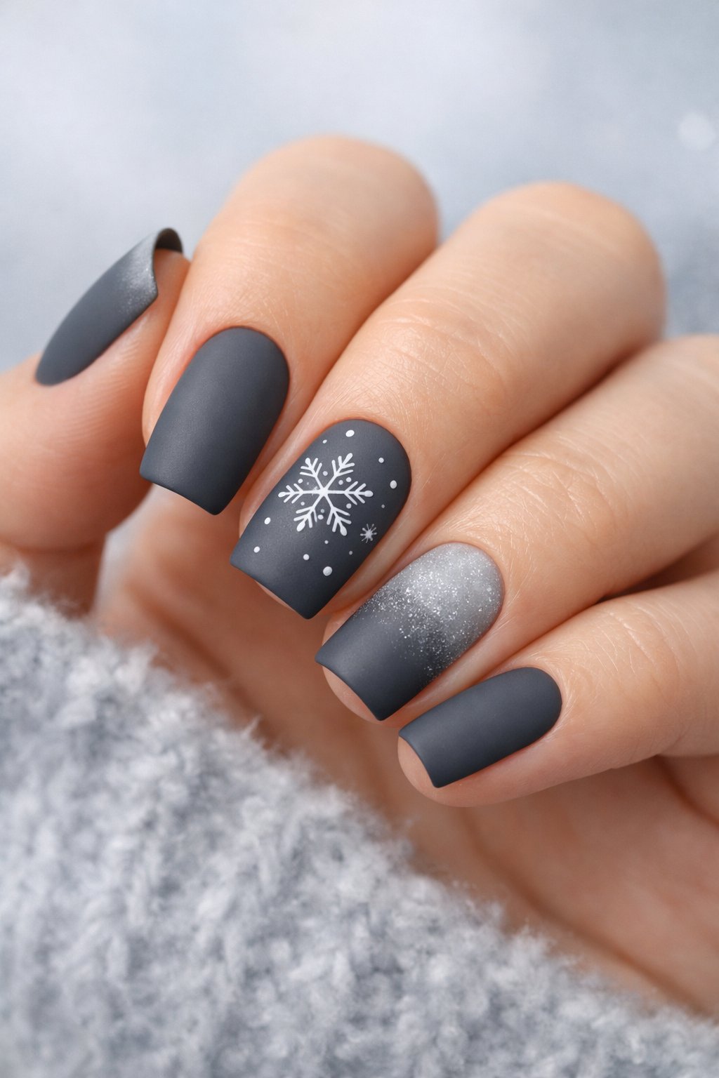 Matte Grey with Snowflake and Glitter Gradient Matte Grey with Snowflake and Glitter Gradient — Winter Gray Nails