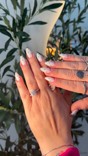 🤍 white almond nails with delicate polka dots ✨, simple, classy, and cute forever., #almondnails #whitenails #polkadotnails #nailinspo #viralnails