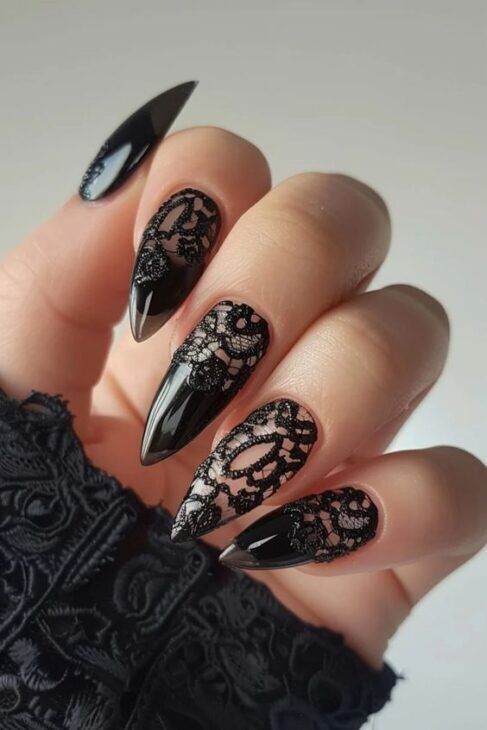 Dramatic Glossy Black Lace Stilettos Dramatic Glossy Black Lace Stilettos — Lace Nails