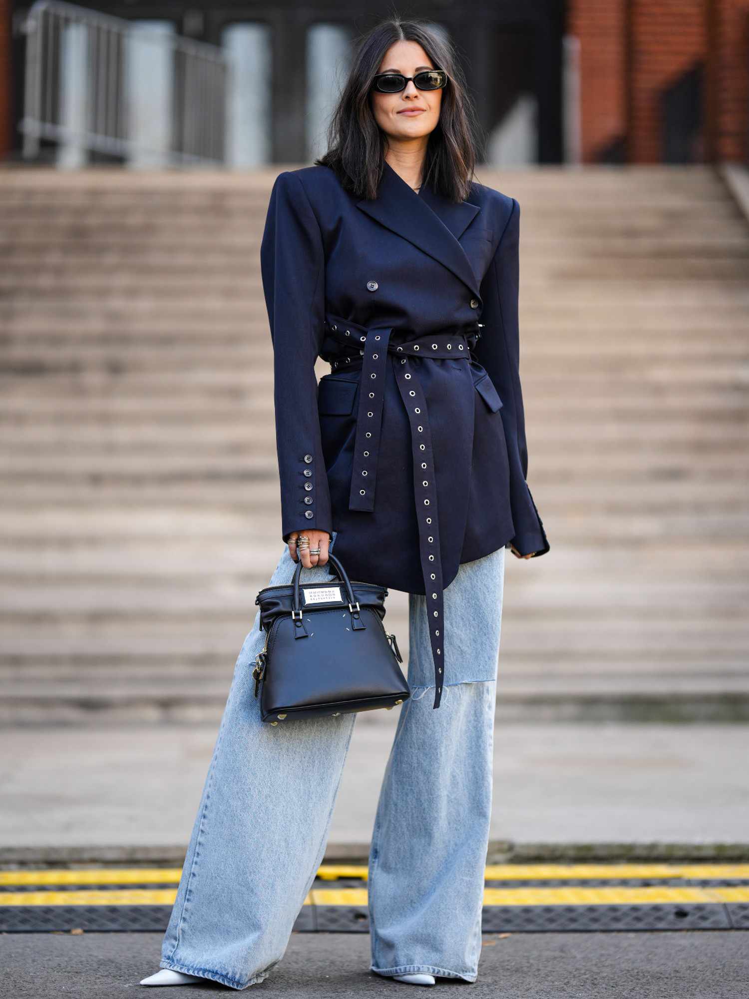 Belted Navy Blazer with Wide-Leg Jeans and Heels — Late Winter Outfits