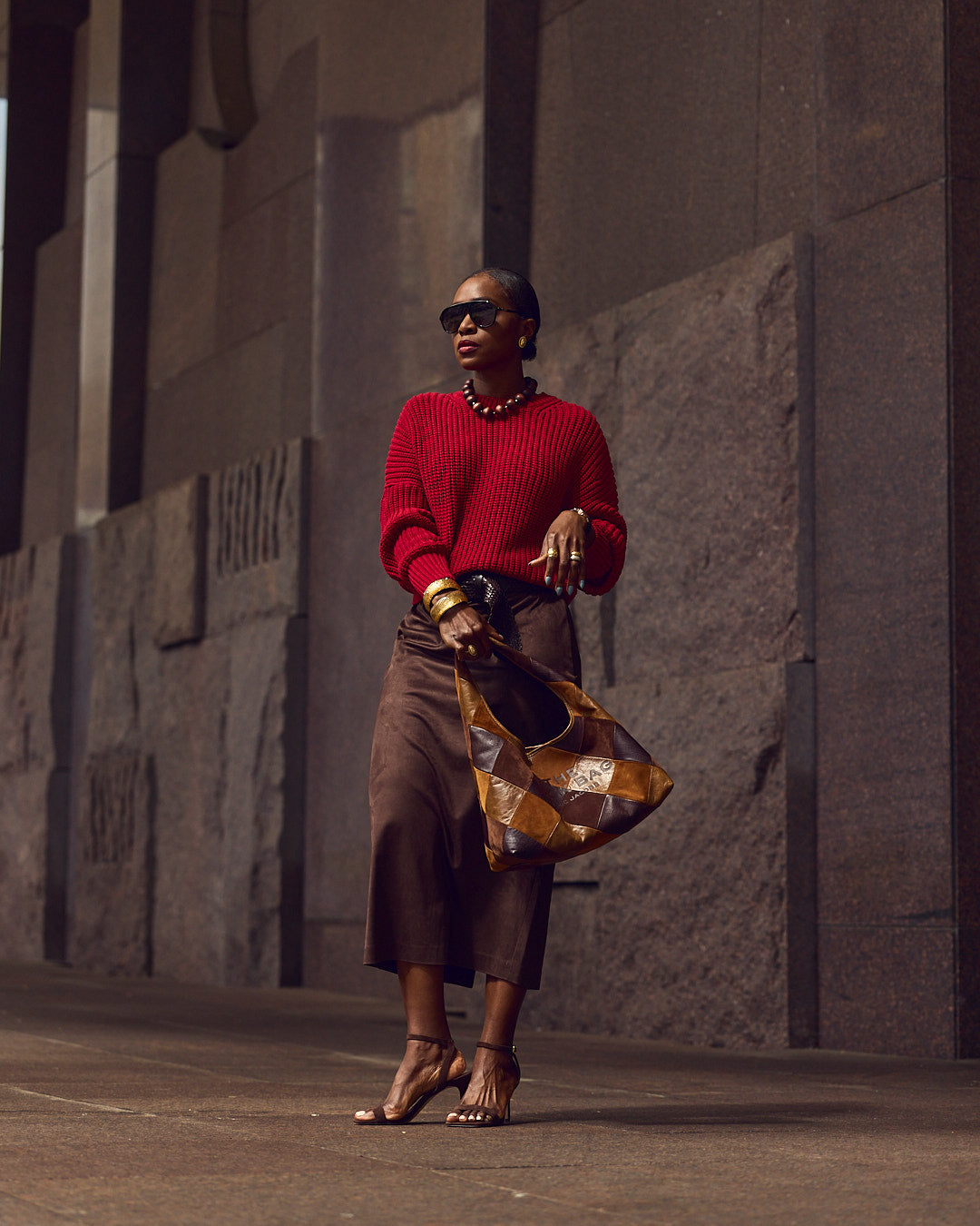 Bold Chocolate Brown Suede Skirt with Red Knit Bold Chocolate Brown Suede Skirt with Red Knit — Chocolate Brown Outfits