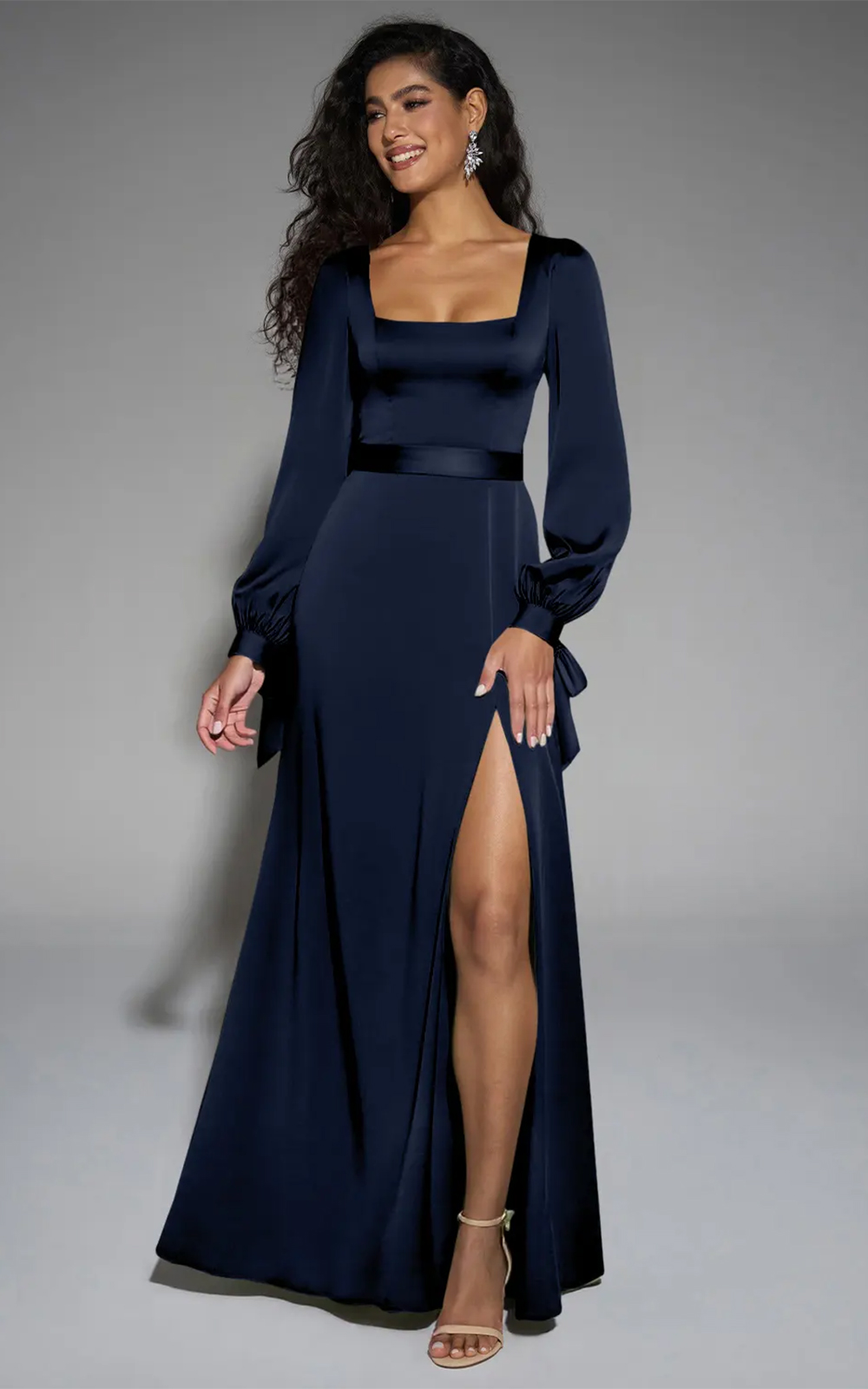 Navy Blue Satin Dress with Puffed Sleeves and High Slit Navy Blue Satin Dress with Puffed Sleeves and High Slit — Winter Wedding Guest Outfits