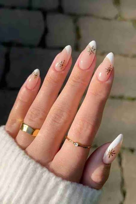 Gold Snowflake Decal French Tips Gold Snowflake Decal French Tips — Winter Vacation Nails