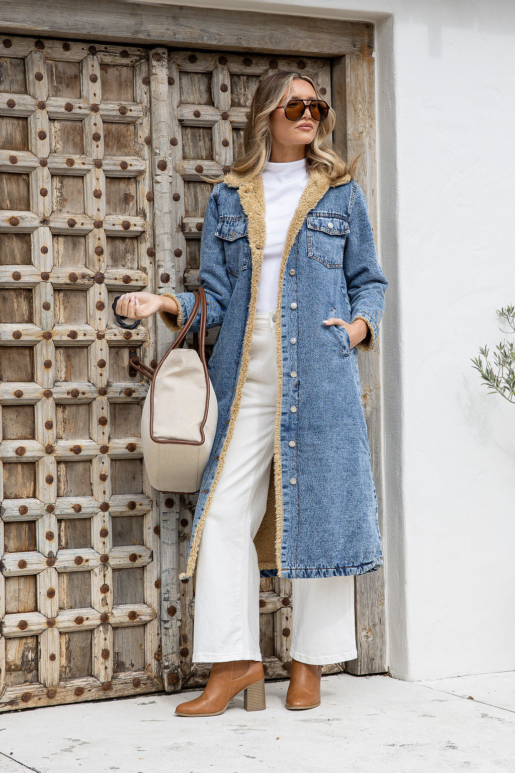 Denim Sherpa Coat for Casual Daywear Versatility — Shearling Coat Outfits