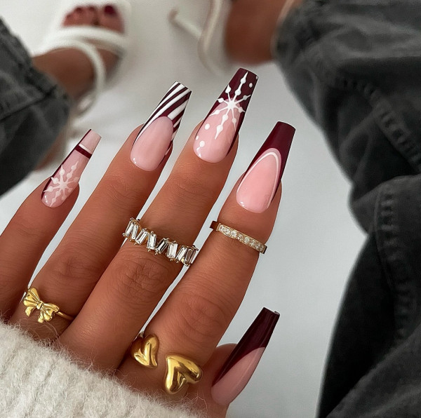 Burgundy Stripe French Coffin Nails Burgundy Stripe French Coffin Nails — Winter Acrylic Nails