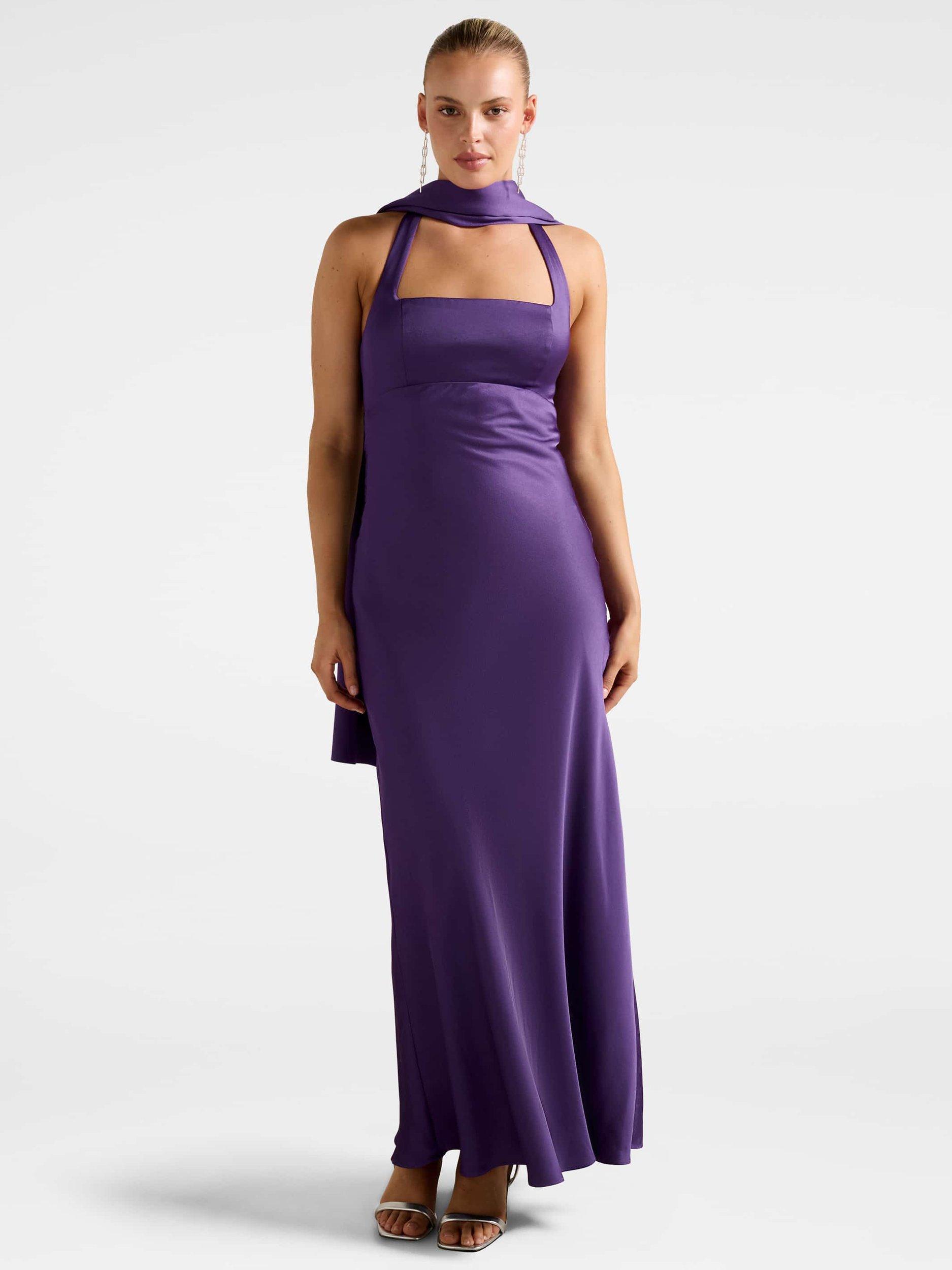 Sleek Royal Purple Satin Maxi Dress with Halter Neck and Scarf Detail Sleek Royal Purple Satin Maxi Dress with Halter Neck and Scarf Detail — Royal Purple Outfits